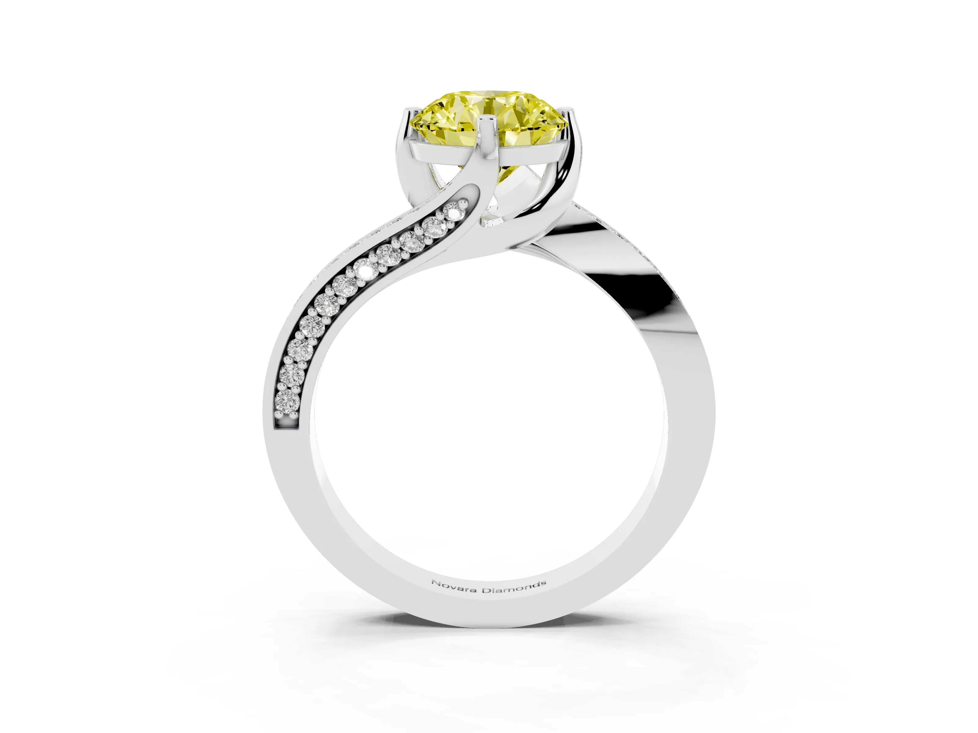 Fancy Yellow Round Cut Diamond Solitaire Ring Set in Silver with Intertwined Pavé Twist Band