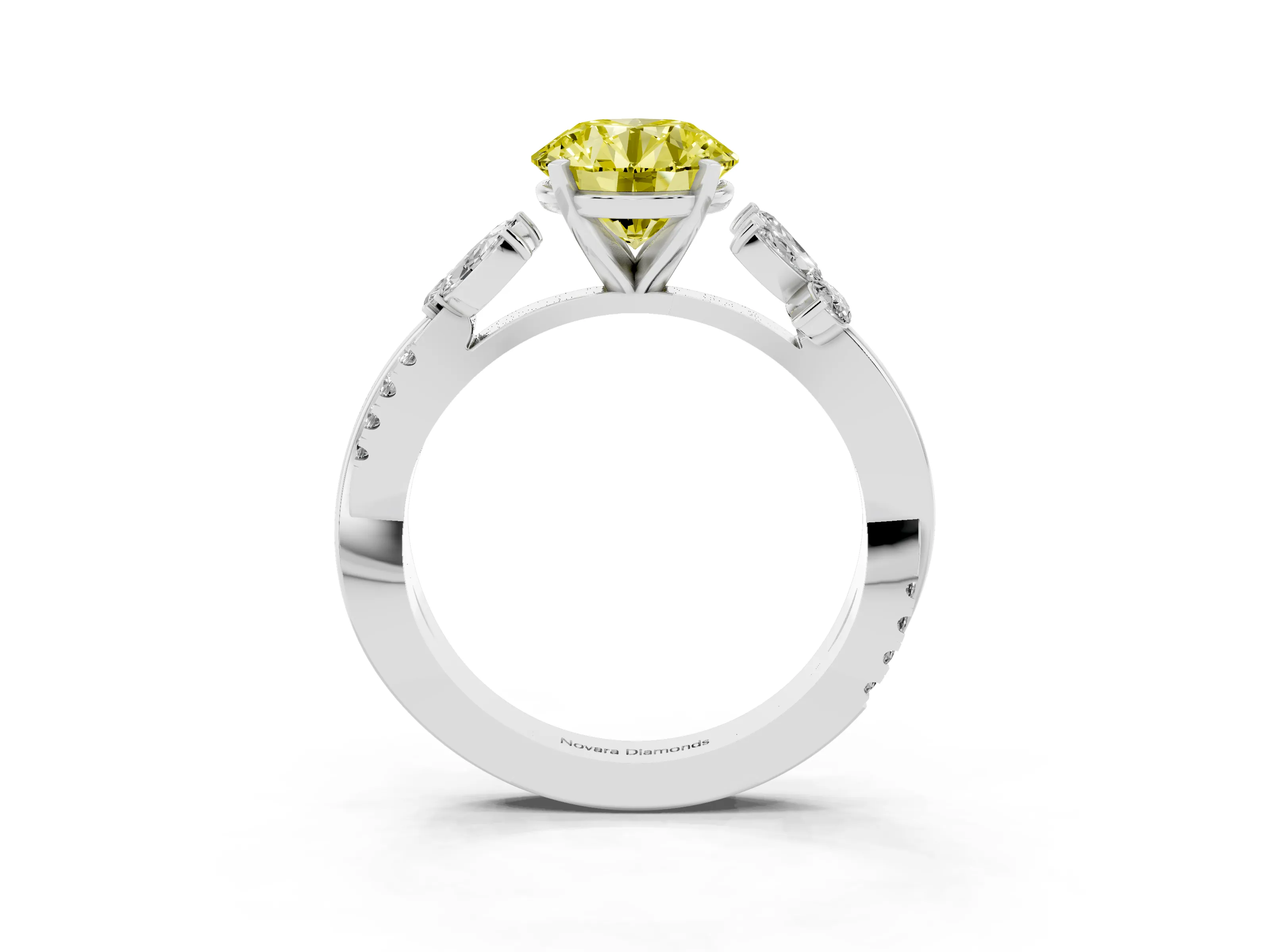 Fancy Yellow Round Cut Diamond Floral Vine Solitaire Engagement Ring Set in White gold with Marquise Leaves