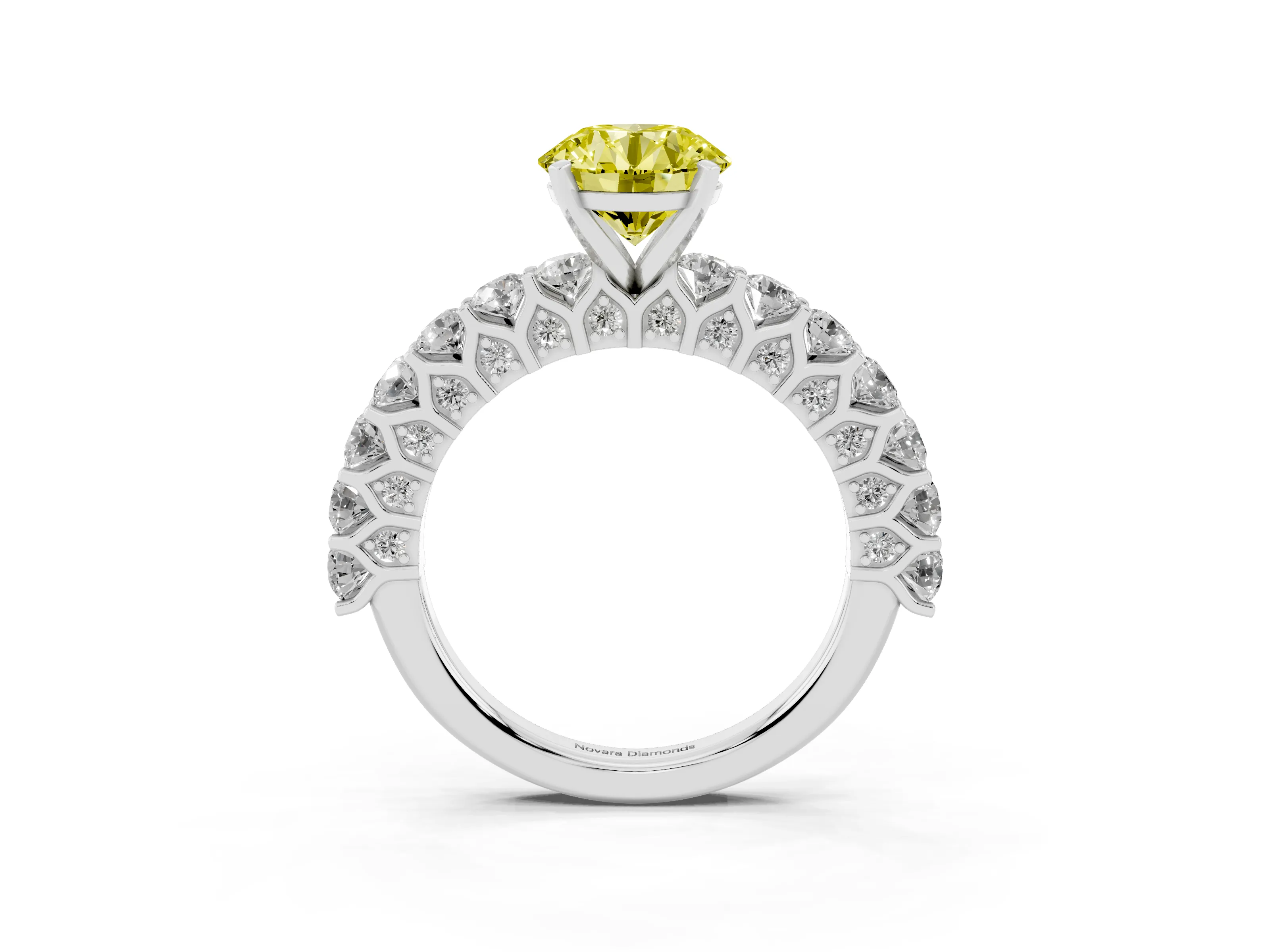 Fancy Yellow Round Cut Diamond Solitaire Ring Set in Silver with Shared Prong Pavé Band