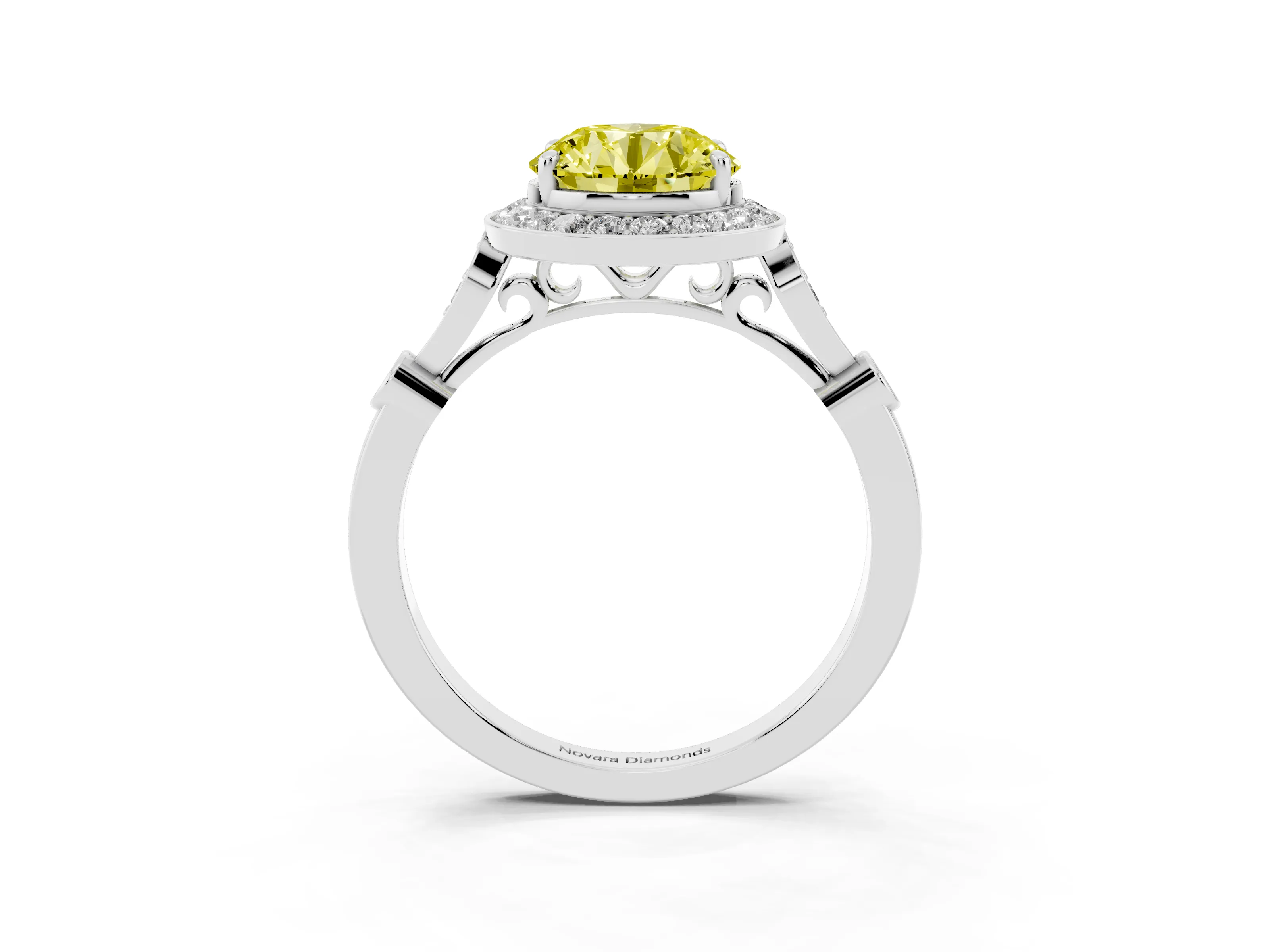 Fancy Yellow Round Cut Diamond Halo Engagement Ring Set in Platinum with Twisted Band and Prong Setting