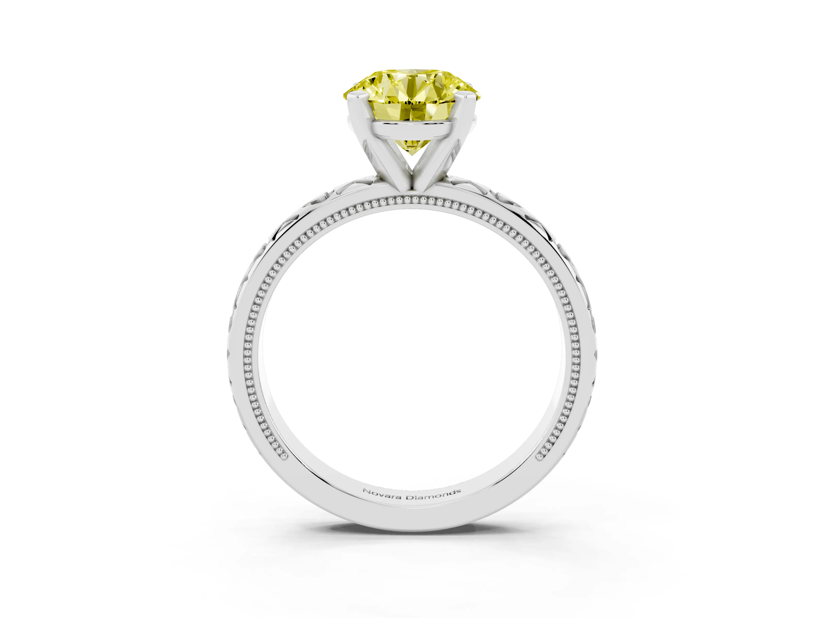 Fancy Yellow Round Cut Diamond Solitaire Engagement Ring Set in White gold with XO Engraved Band and Prong Setting