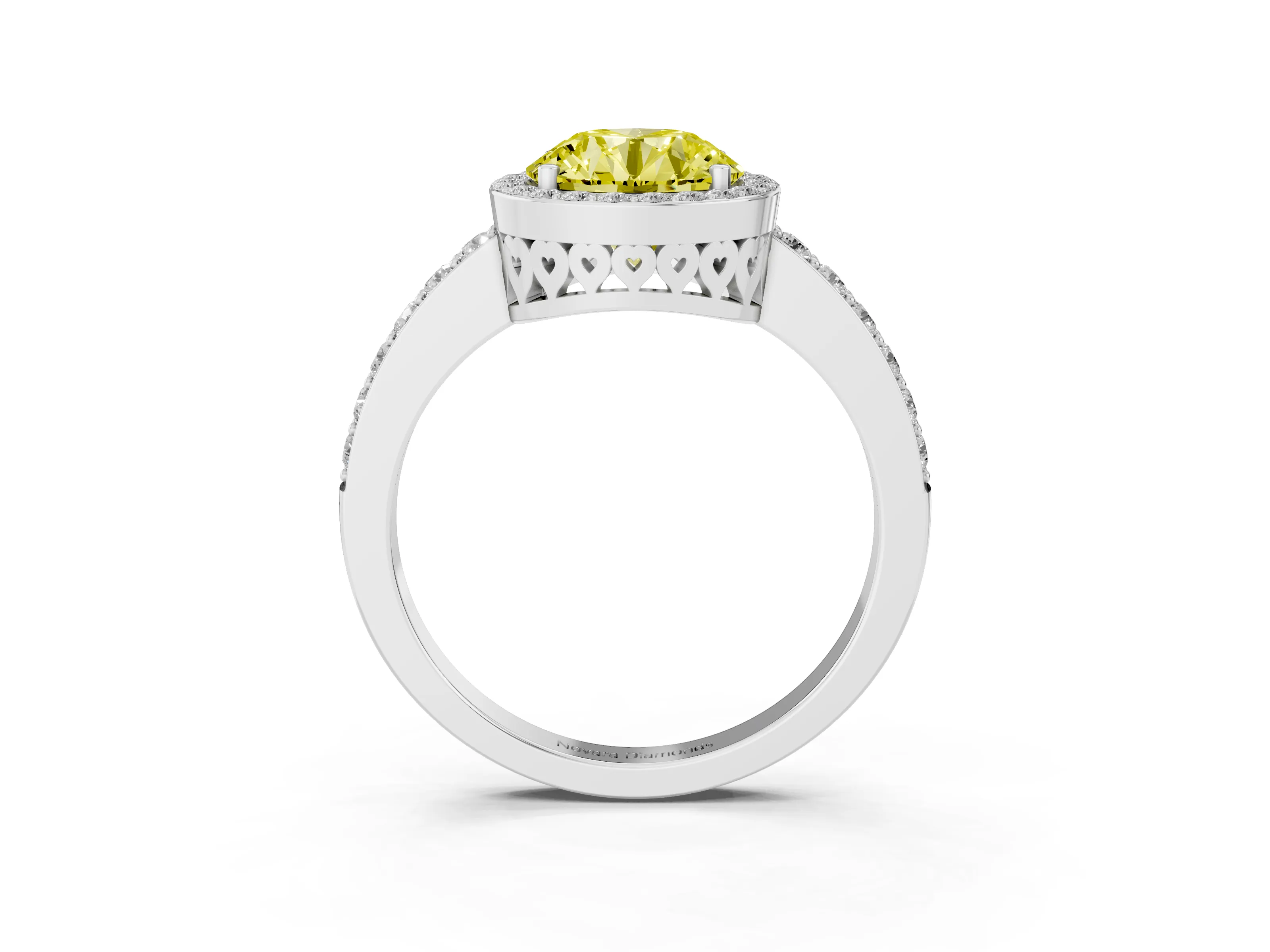 Fancy Yellow Round Cut Diamond Halo Ring Set in White gold with Pavé-Setting Band and Open Prong Center