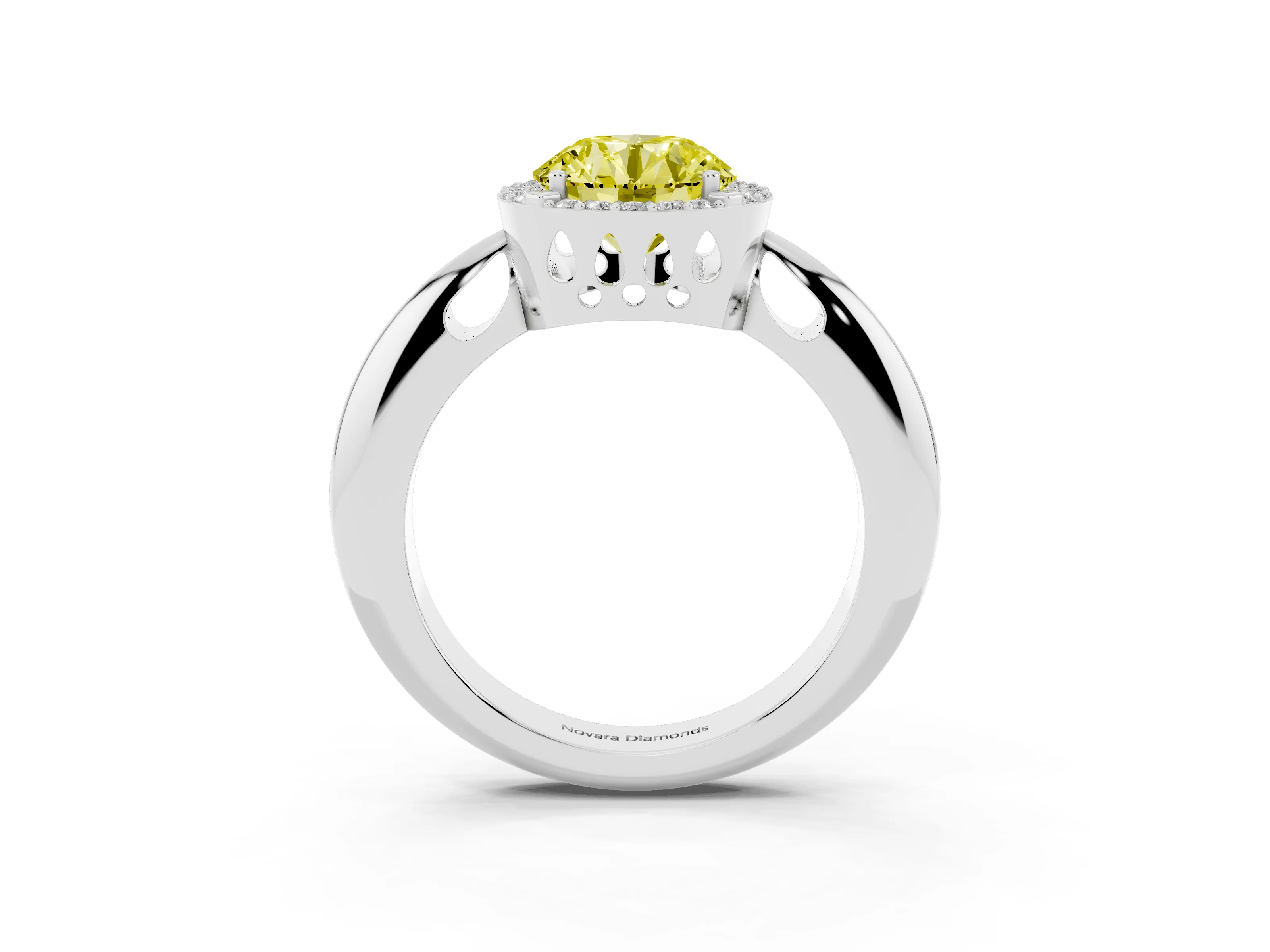 Fancy Yellow Round Cut Diamond Halo Engagement Ring Set in White gold with Plain Split Shank and Prong Setting