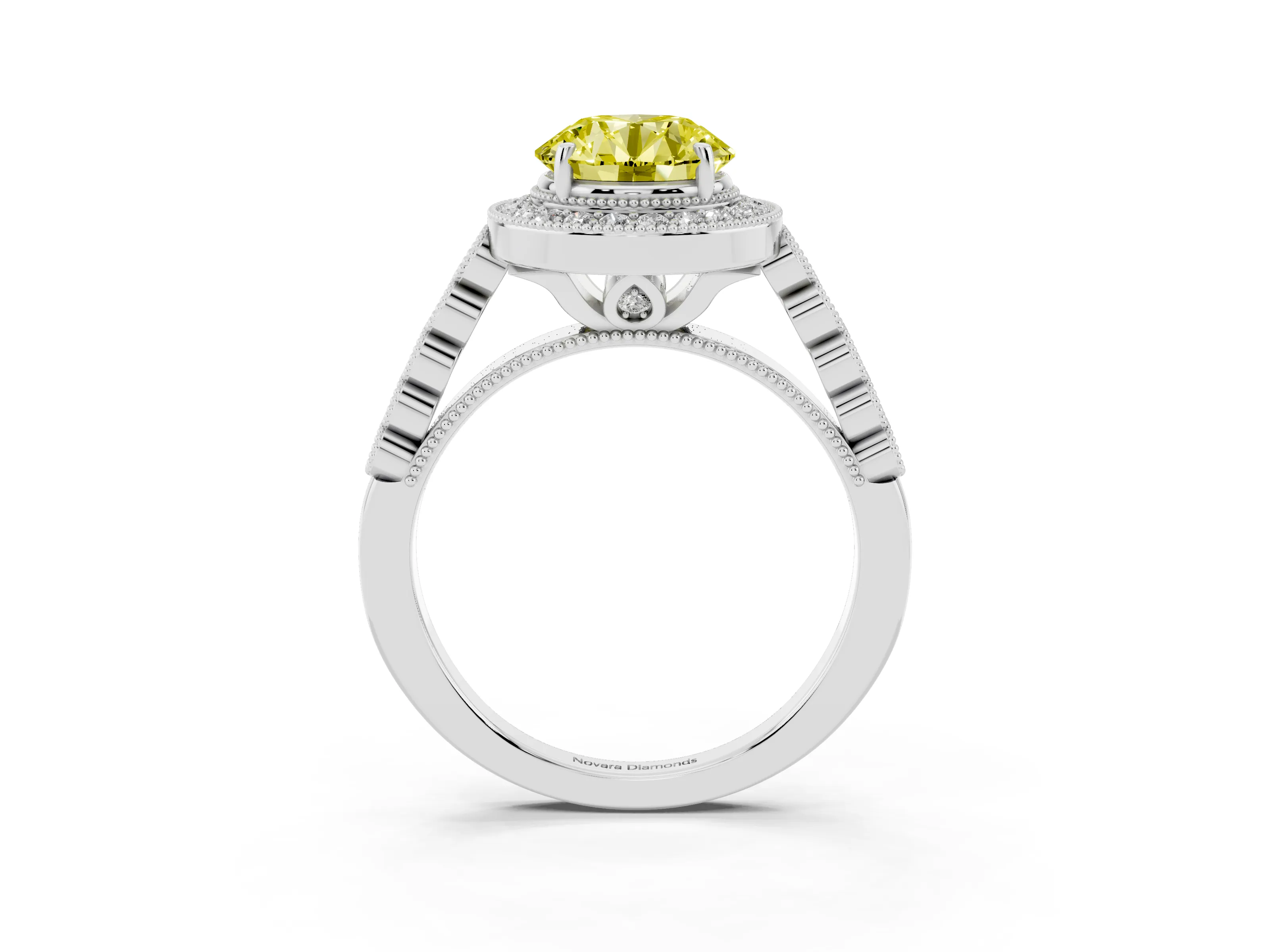 Fancy Yellow Round Cut Diamond Milgrain Halo Solitaire Ring Set in Silver with Bezel Set Side Stones and Pavé Band