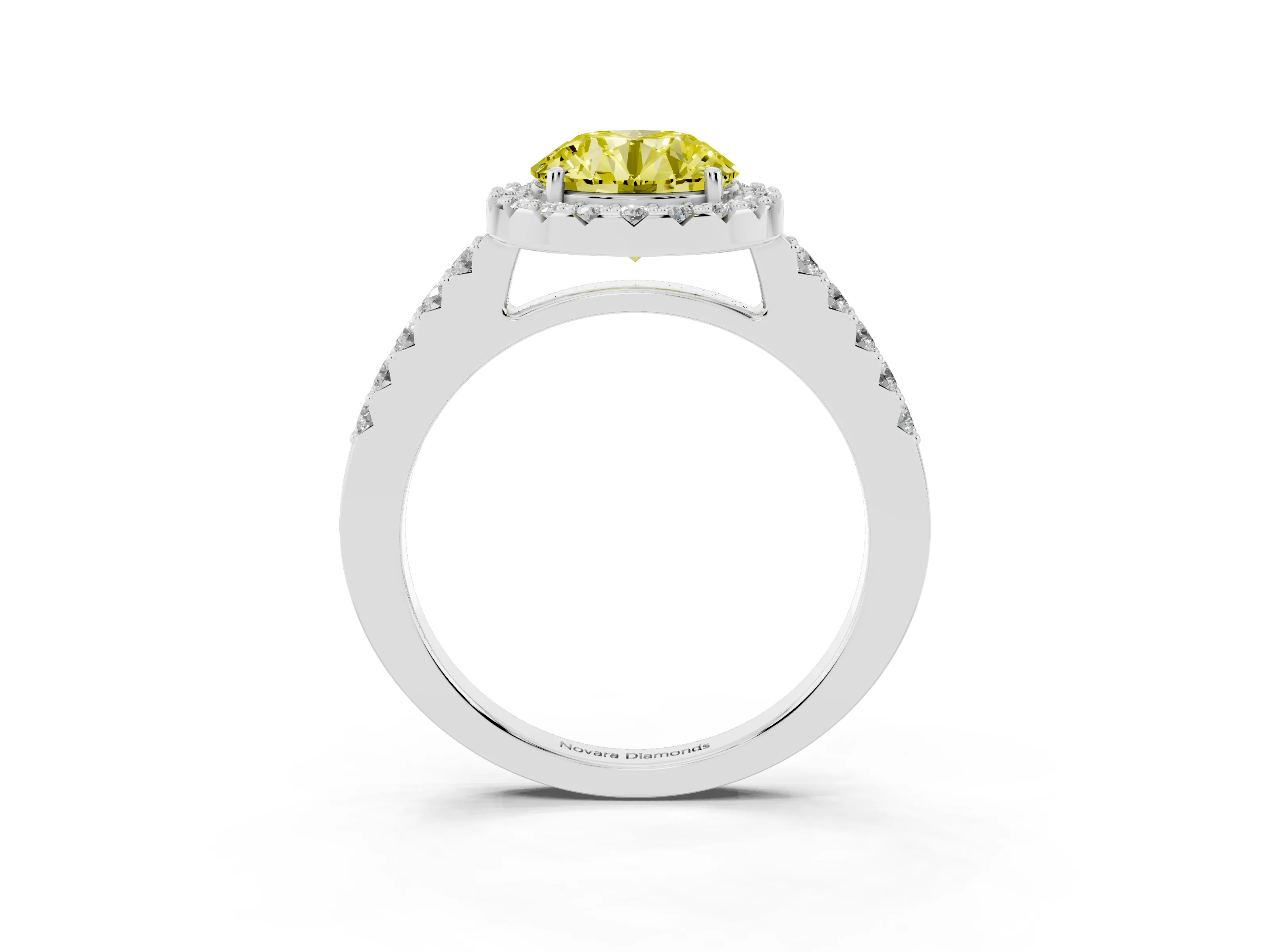 Fancy Yellow Round Cut Diamond Halo Pavé Solitaire Ring Set in Silver with Prong-Set Center Stone