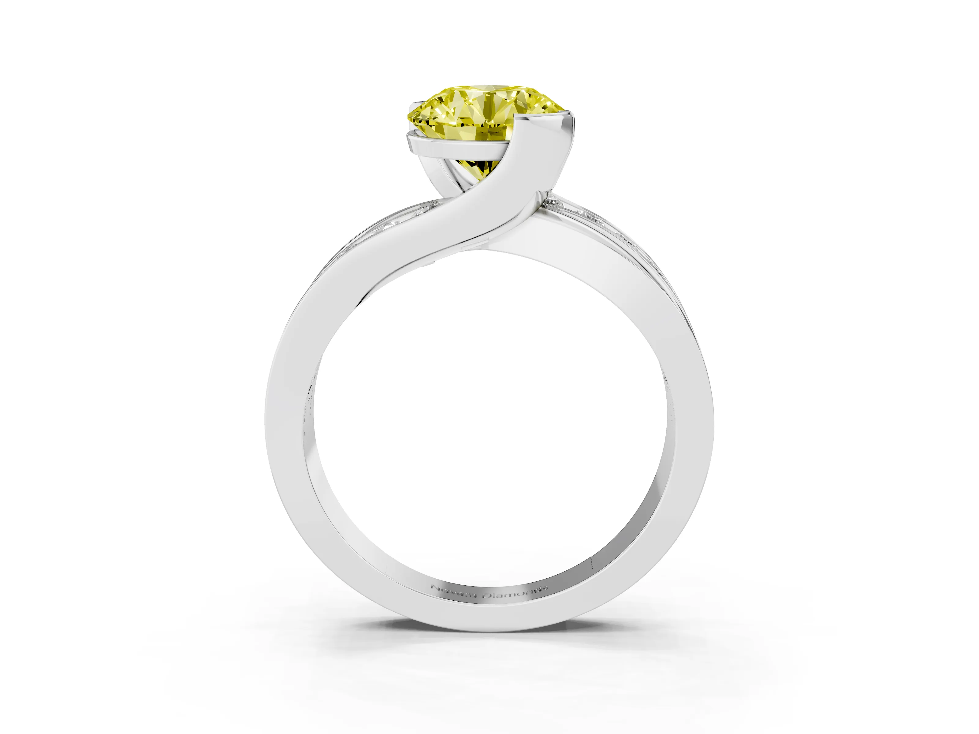 Fancy Yellow Round Cut Diamond Solitaire Ring Set in Silver with Channel Set Split Shank and Tension Prongs