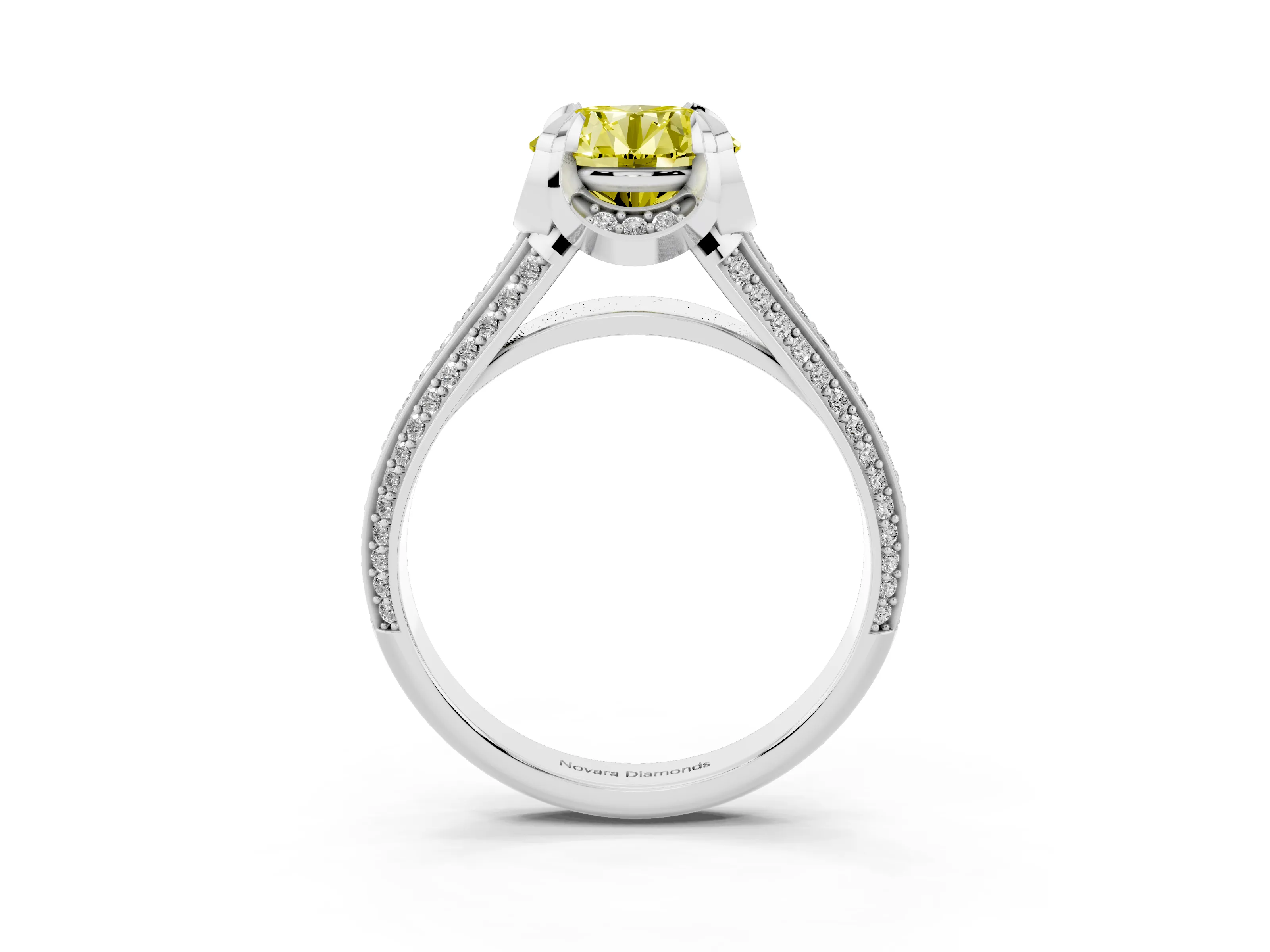 Fancy Yellow Round Cut Diamond Pavé Split Shank Solitaire Ring Set in Platinum with Prong Setting
