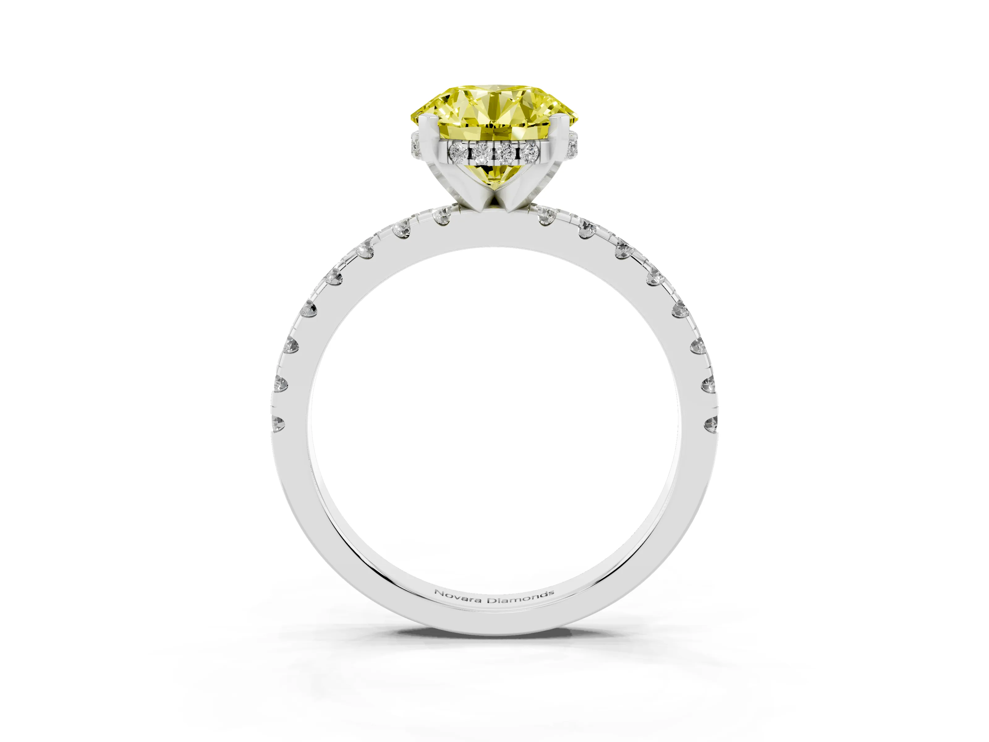 Fancy Yellow Round Cut Diamond Pavé Solitaire Ring Set in Platinum with Round Band Accents and Prong Setting
