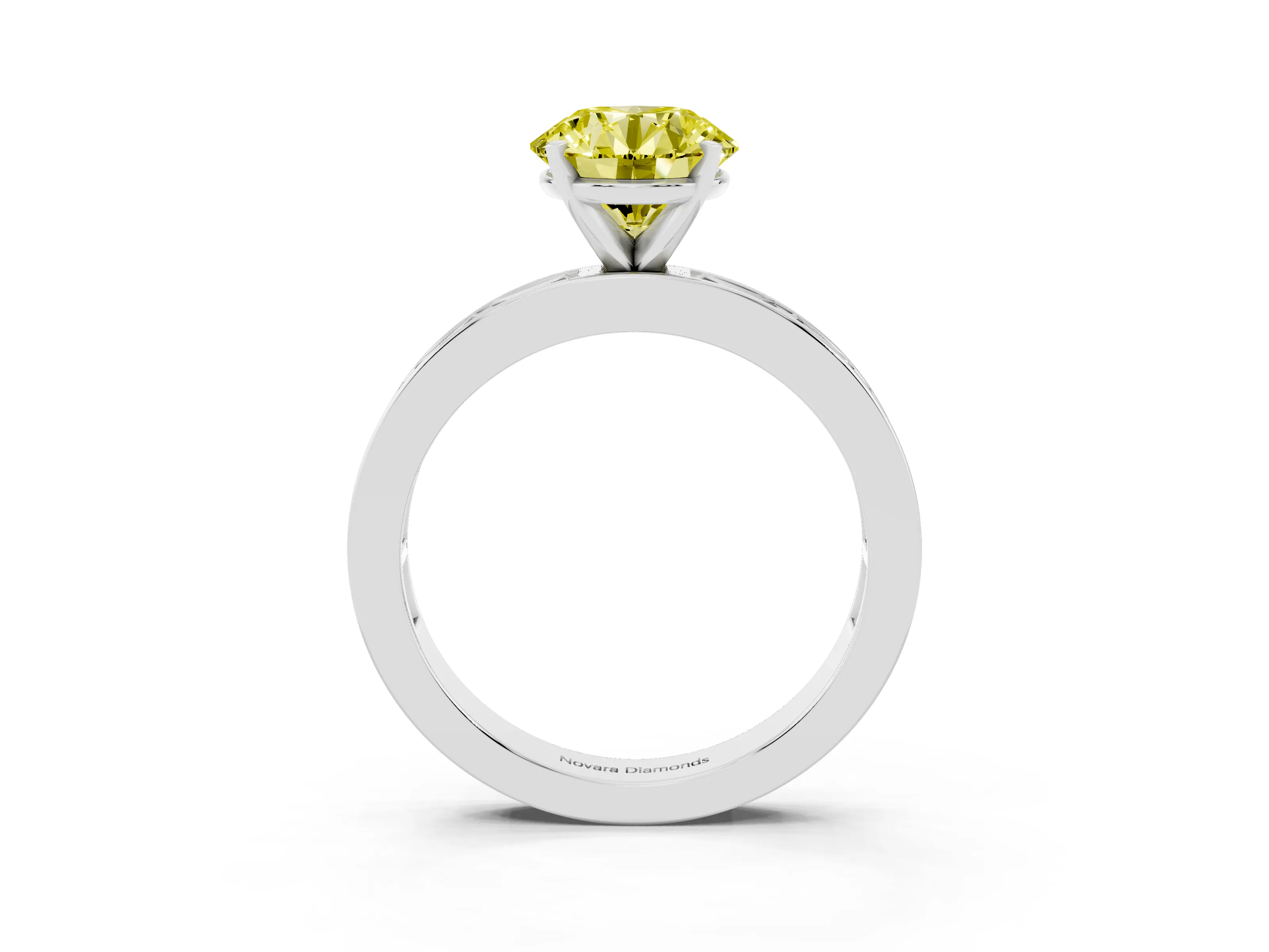 Fancy Yellow Round Cut Diamond Solitaire Ring Set in Platinum with Channel-Set Baguette Band and Prong Setting