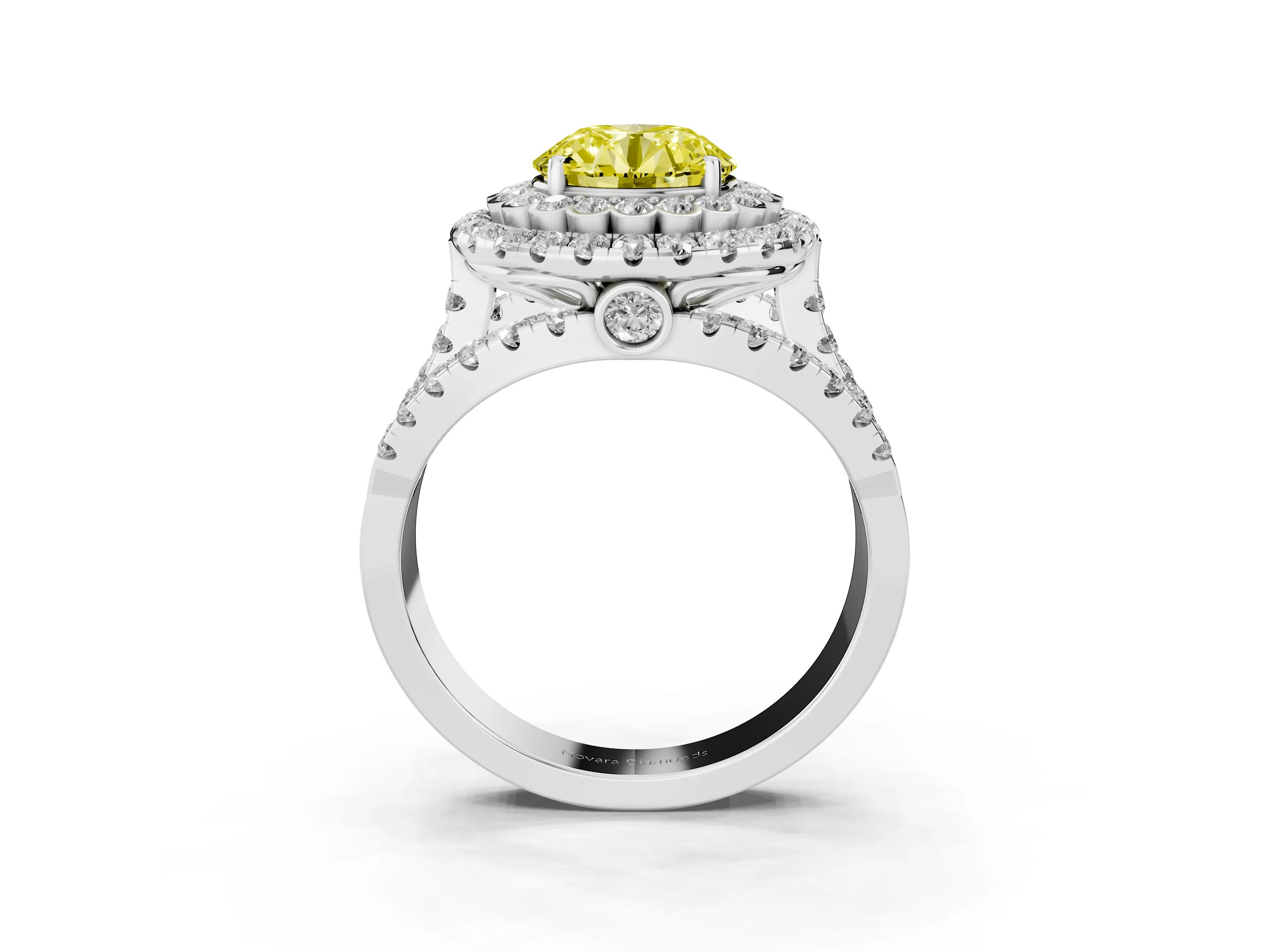 Fancy Yellow Round Cut Diamond Double Halo Ring Set in Silver with Round Pavé Split Shank