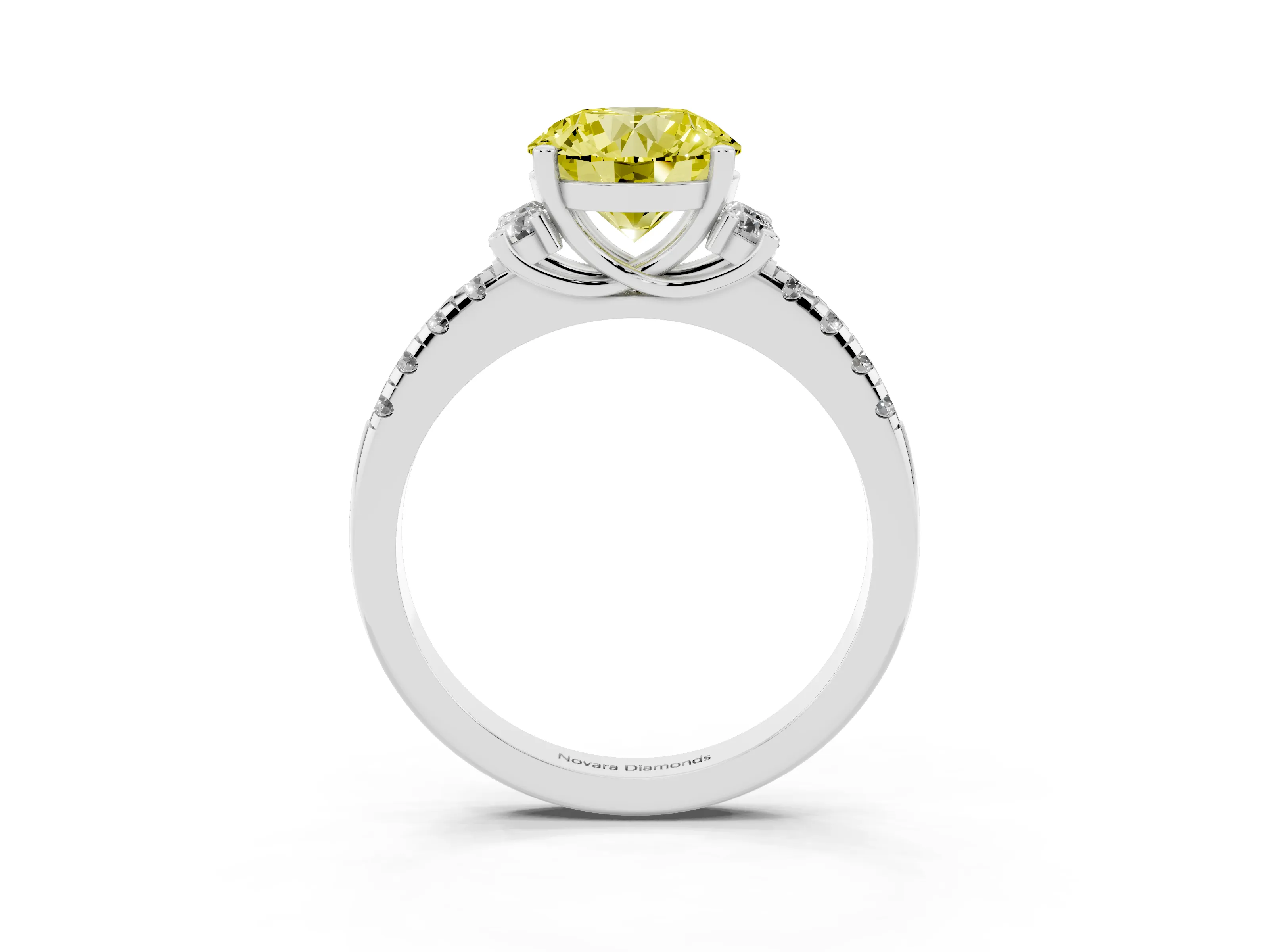 Fancy Yellow Round Cut Diamond Three-Stone Pavé Ring Set in White gold with Prong Setting