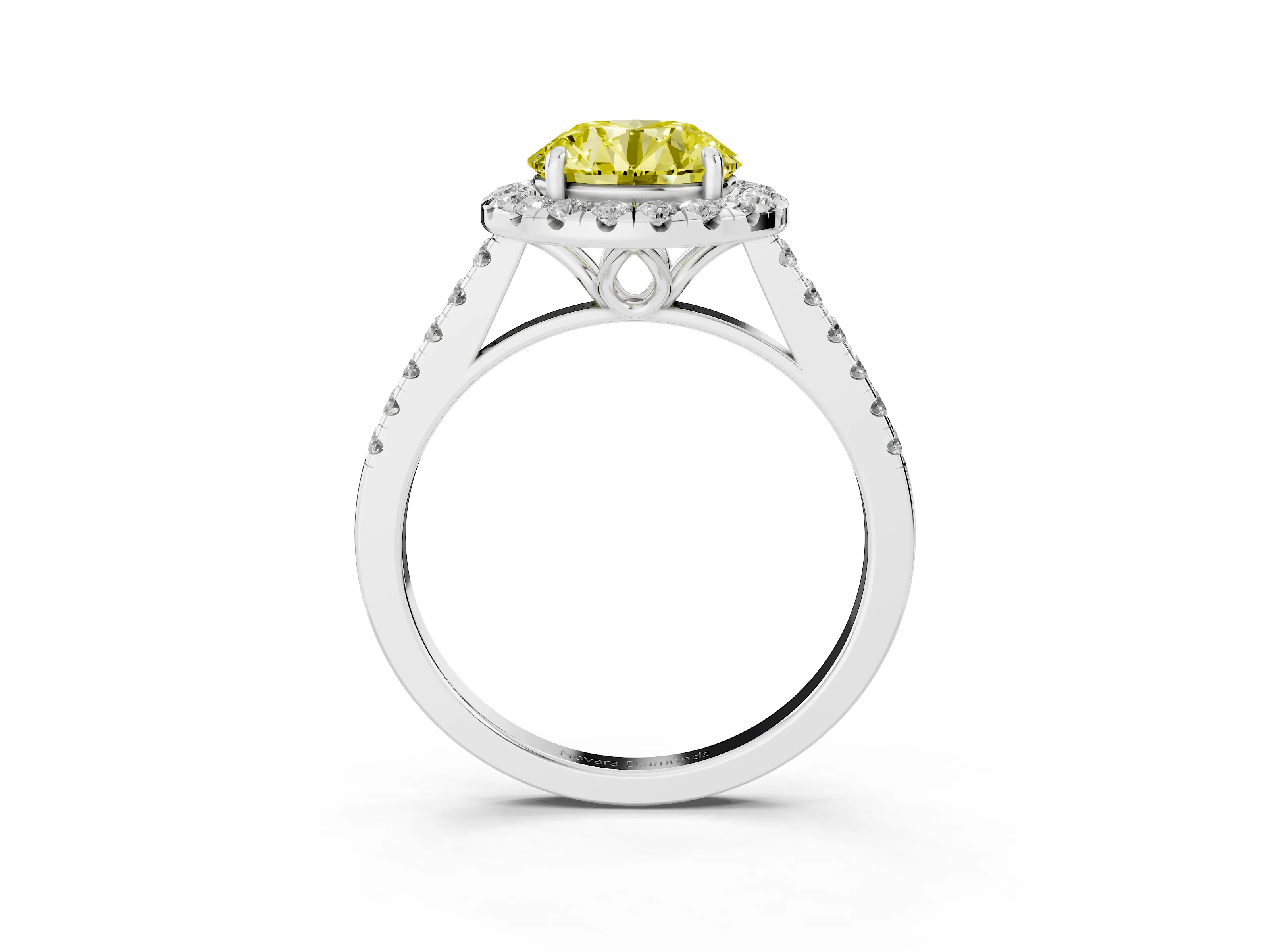 Fancy Yellow Round Cut Diamond Pavé Halo Engagement Ring Set in Platinum with Pavé Band and Prong Setting