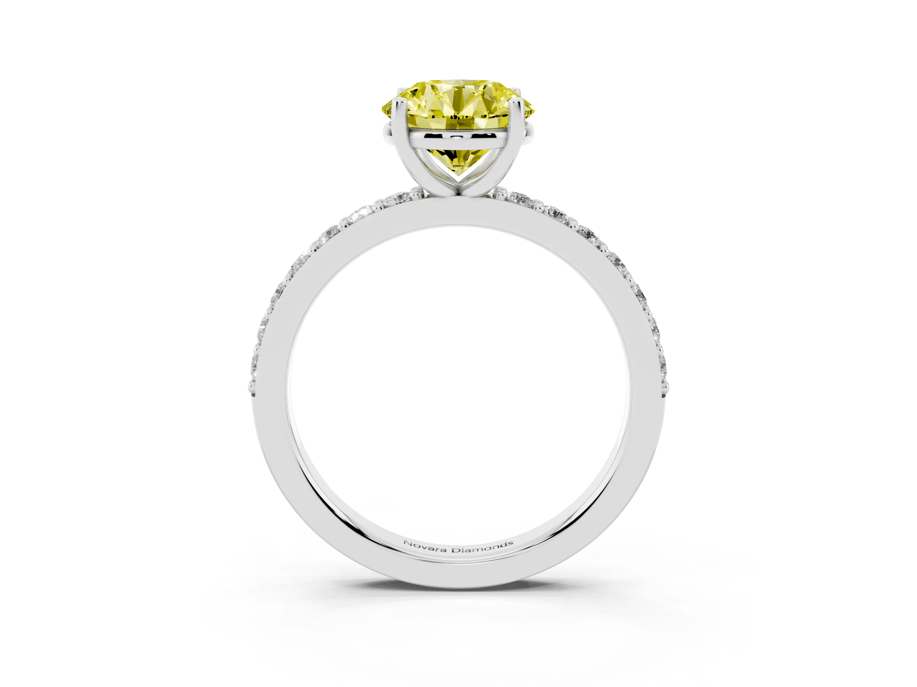 Fancy Yellow Round Cut Diamond Solitaire Set in Silver with Round Pavé Band and Prong Setting