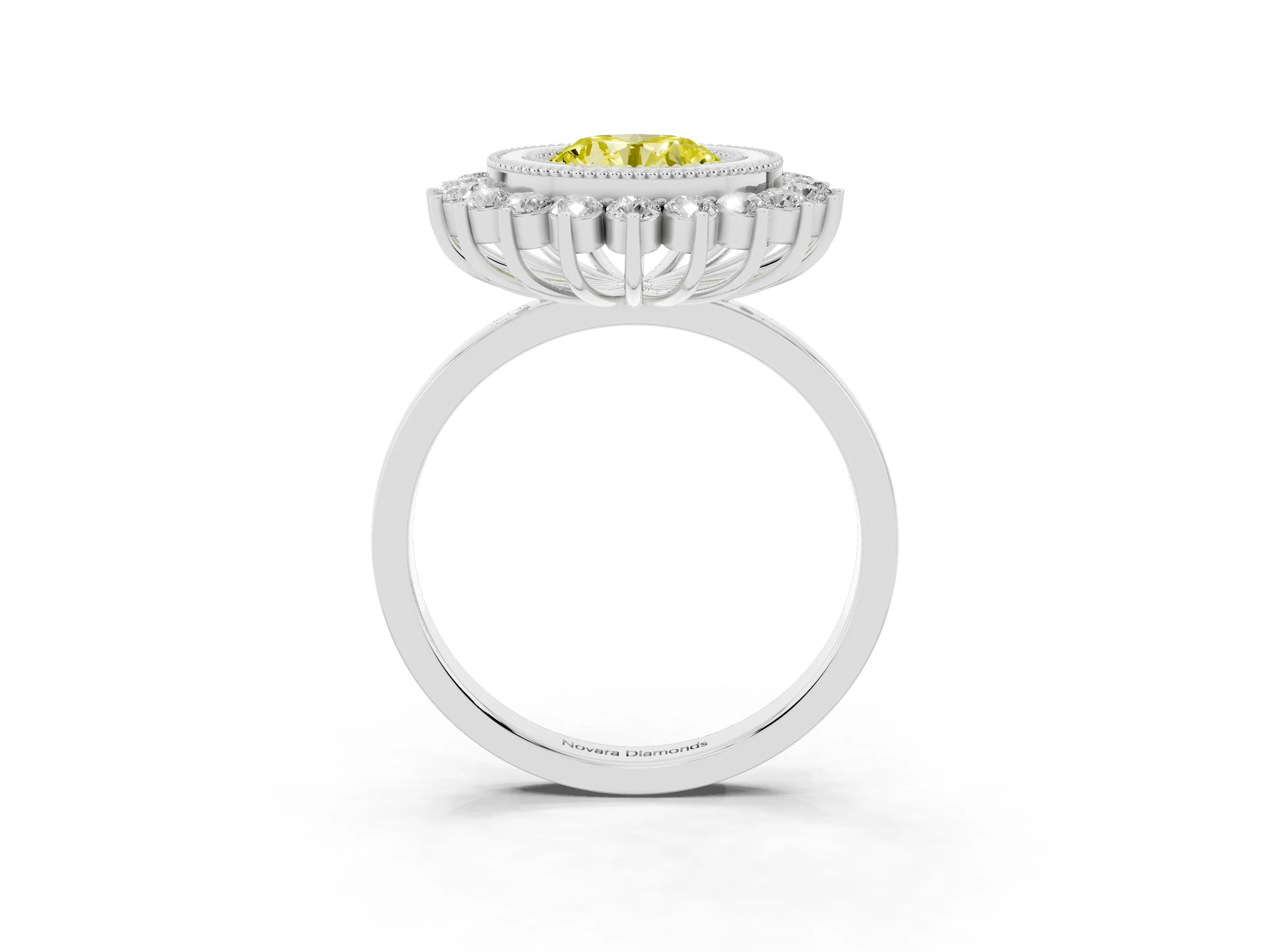 Fancy Yellow Round Cut Diamond Halo Ring Set in Silver with Milgrain Edge and Round Prong Setting