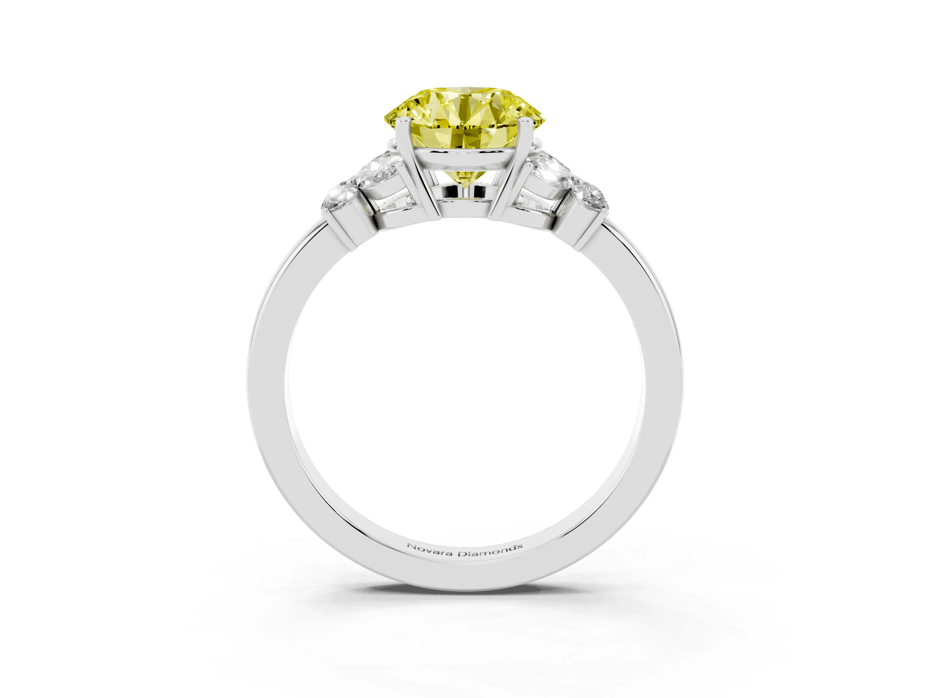 Fancy Yellow Round Cut Diamond Solitaire Floral Ring Set in Platinum with Marquise Petals and Prong Setting