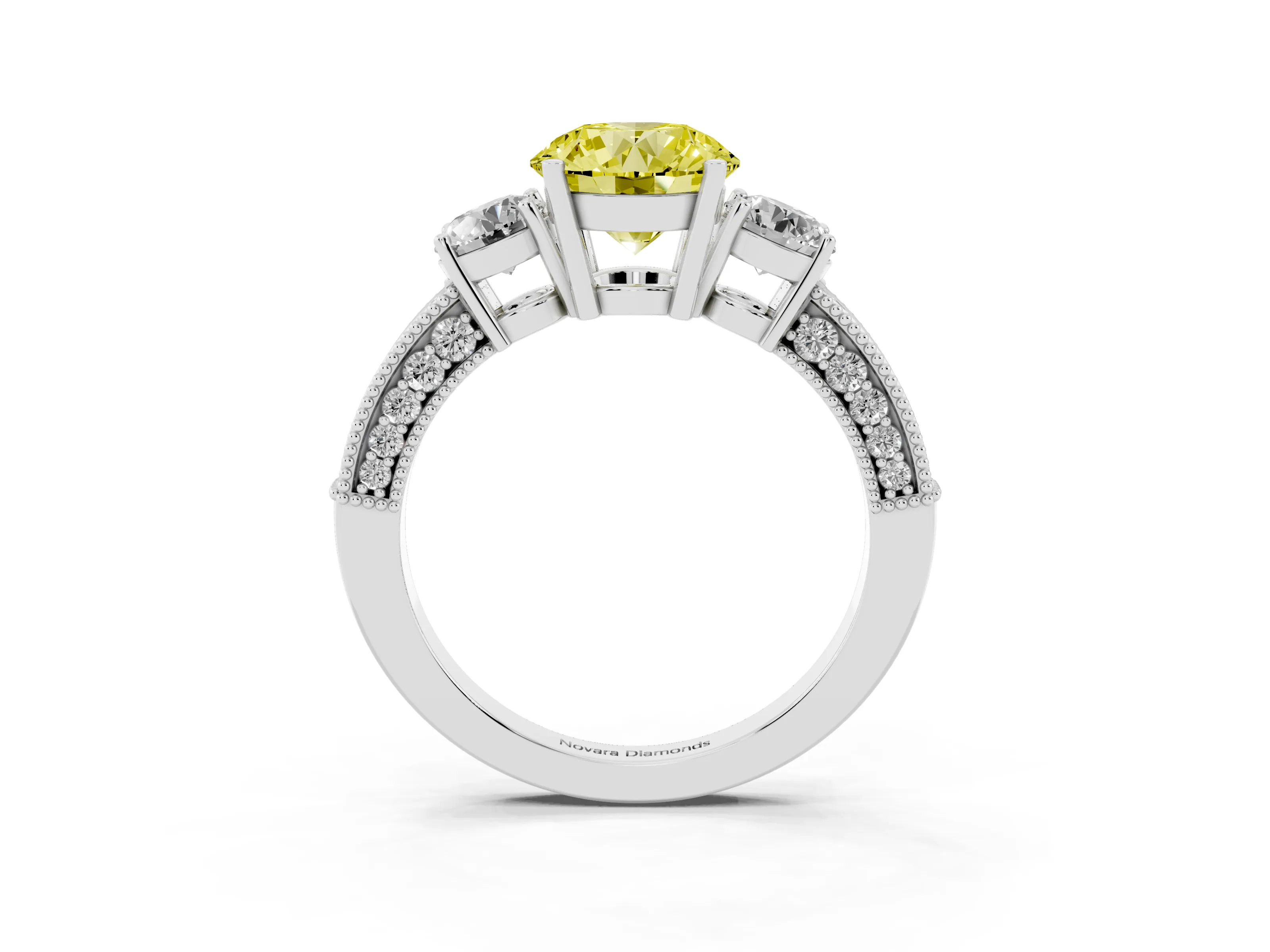 Fancy Yellow Round Cut Diamond Three-Stone Ring Set in Platinum with Round Side Stones and Pavé Band