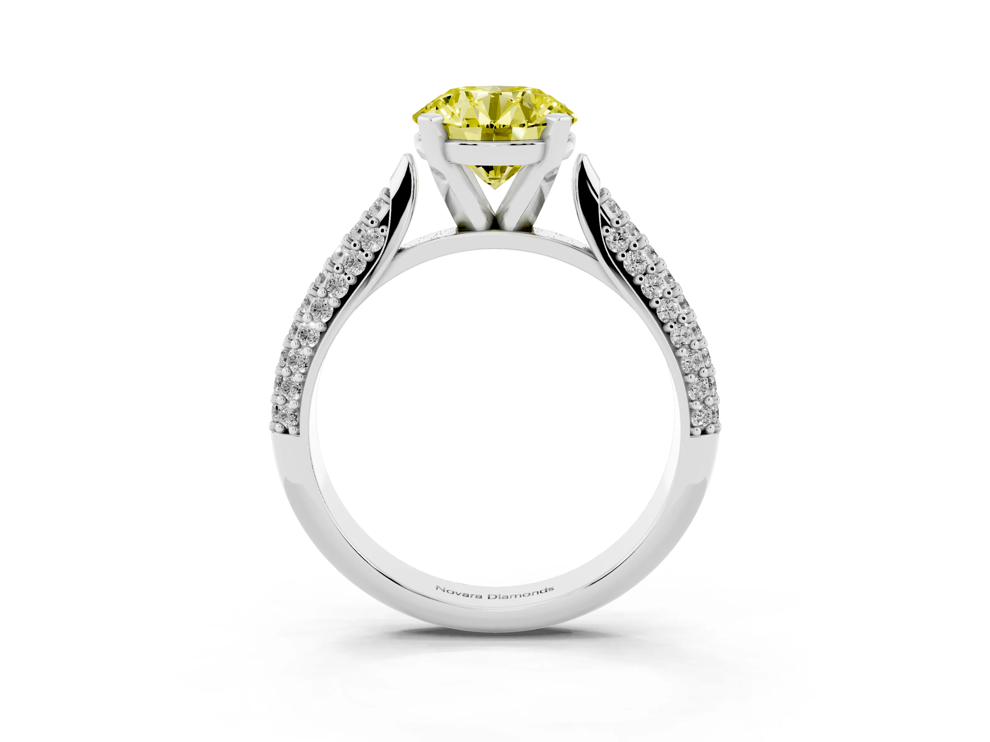 Fancy Yellow Round Cut Diamond Solitaire Engagement Ring Set in Platinum with Multi-Row Round Pavé Band and Prong Setting