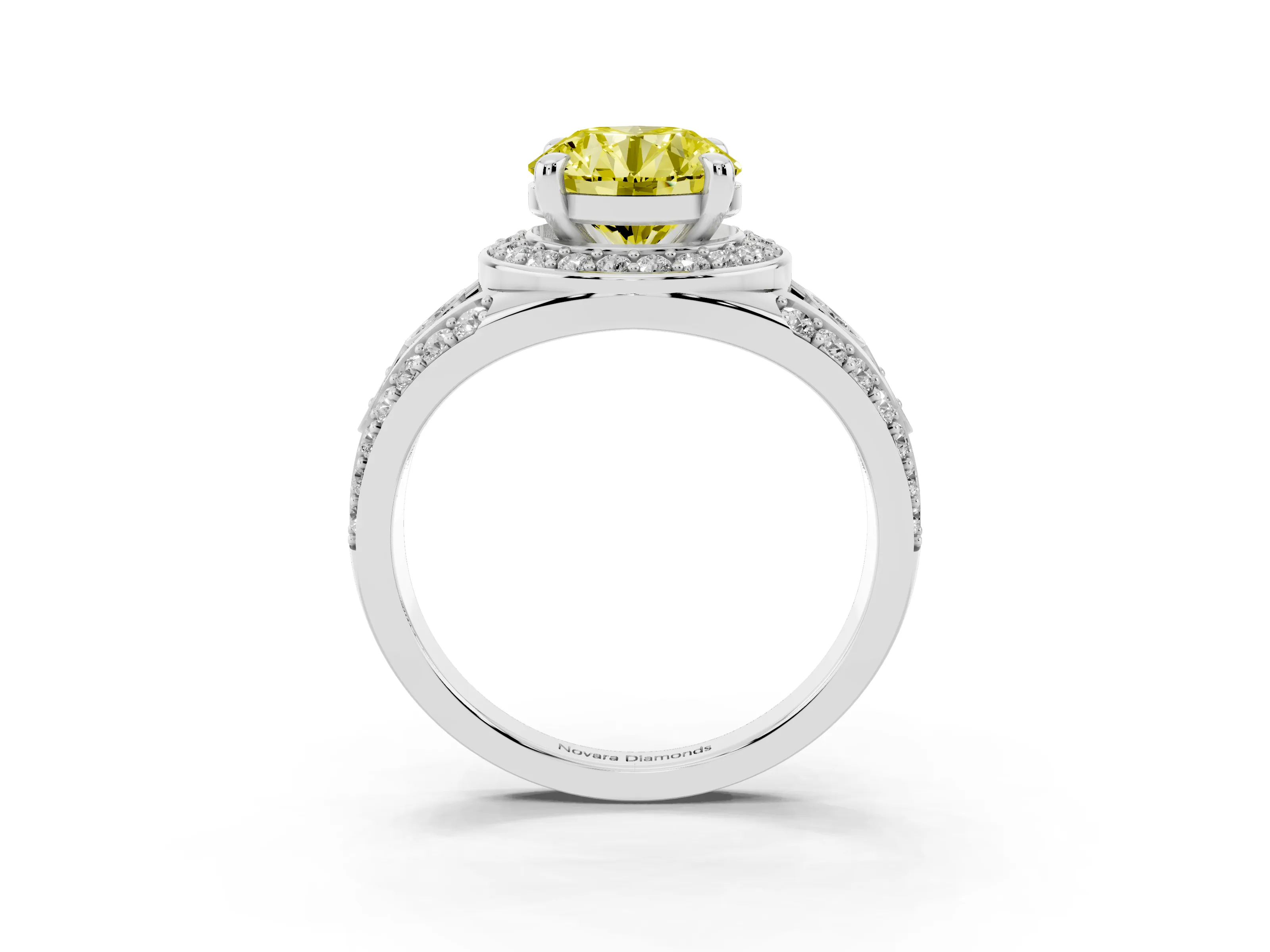 Fancy Yellow Round Cut Diamond Halo Ring Set in Silver with Pavé Split Shank and Bezel Accents