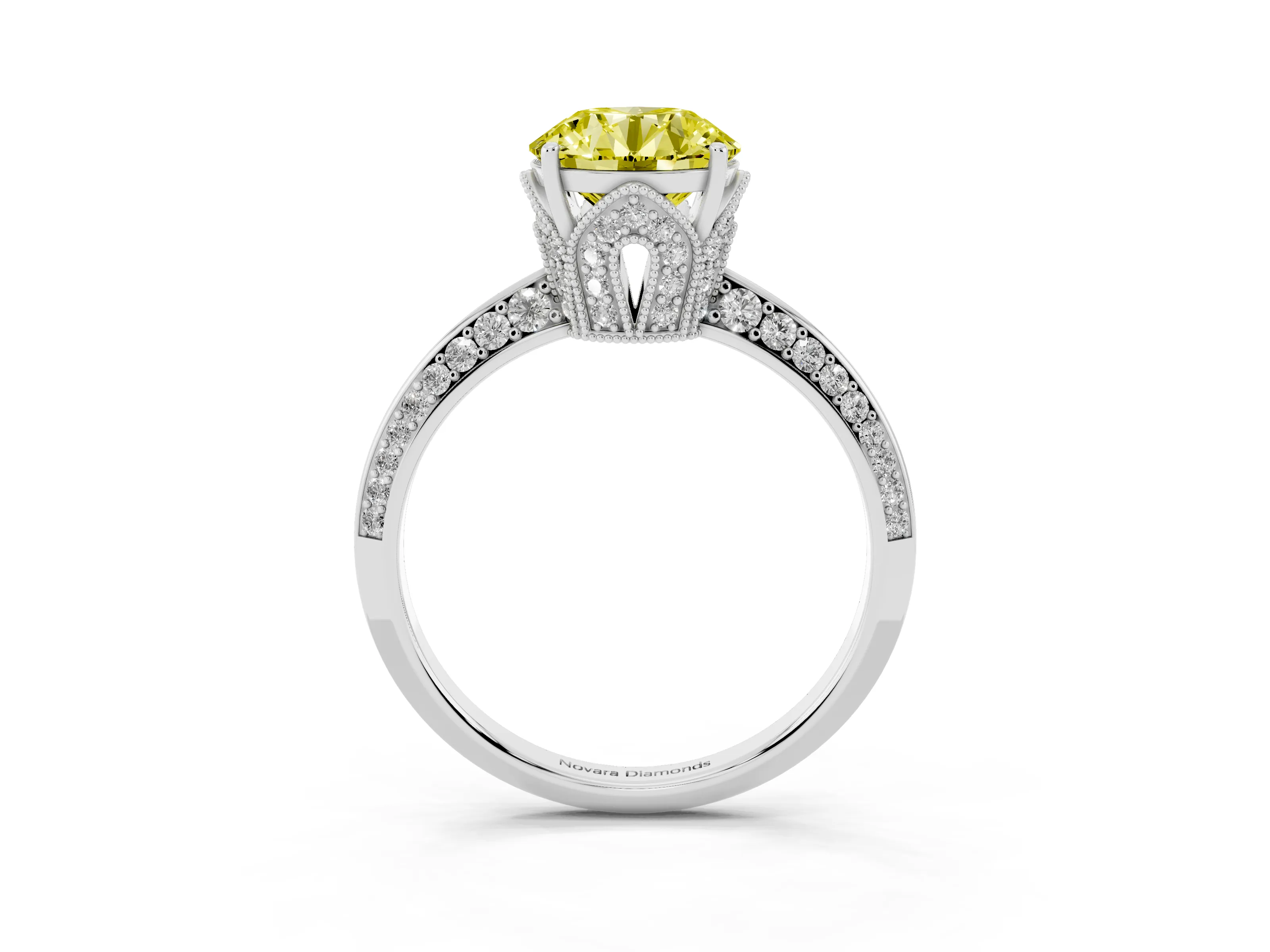 Fancy Yellow Round Cut Diamond Solitaire Engagement Ring Set in Silver with Pavé Split Shank and Prong Setting