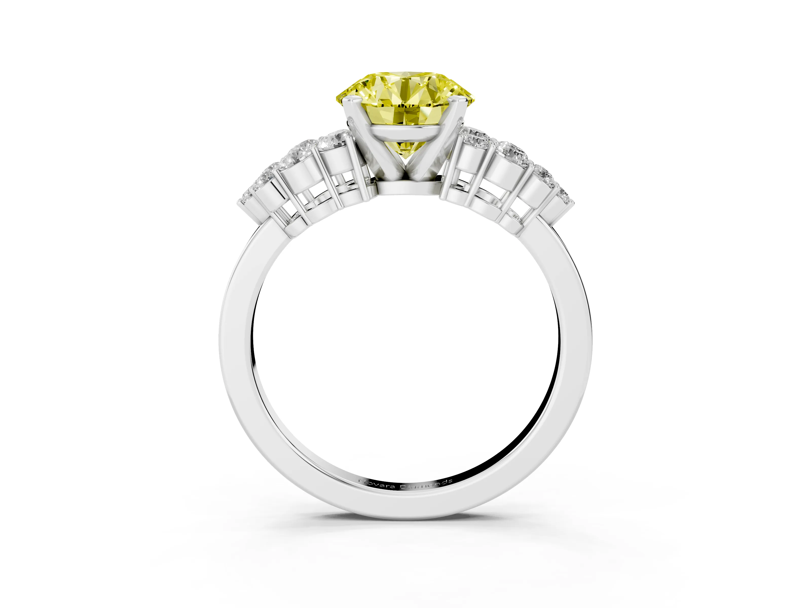 Fancy Yellow Round Cut Diamond Cluster Engagement Ring Set in Silver with Pavé Band and Prong Setting