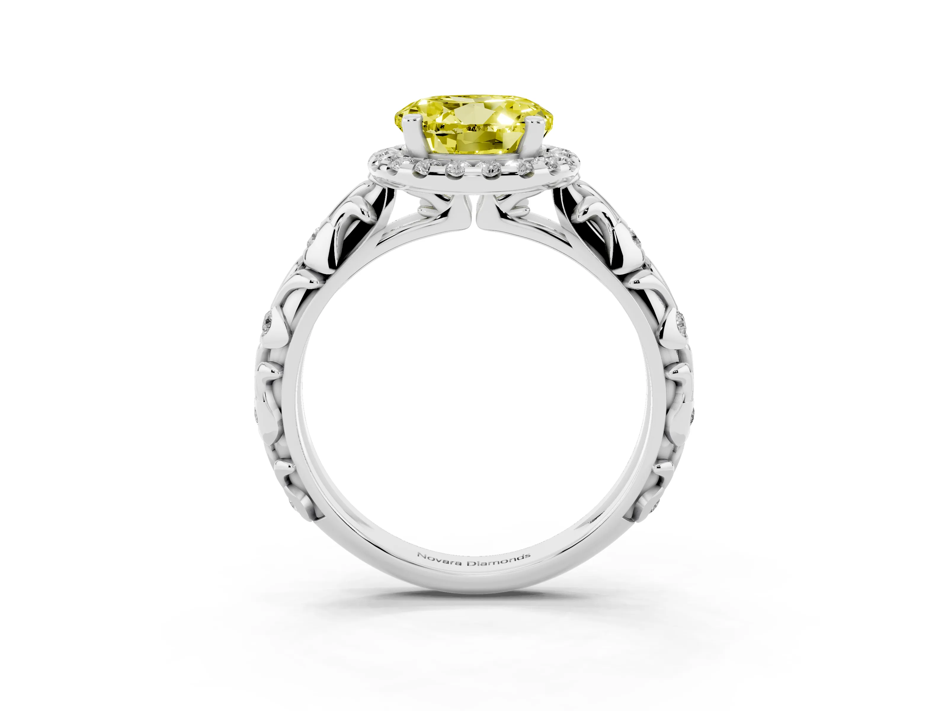 Fancy Yellow Round Cut Diamond Halo Ring Set in Platinum with Filigree Leaf Band and Prong Setting