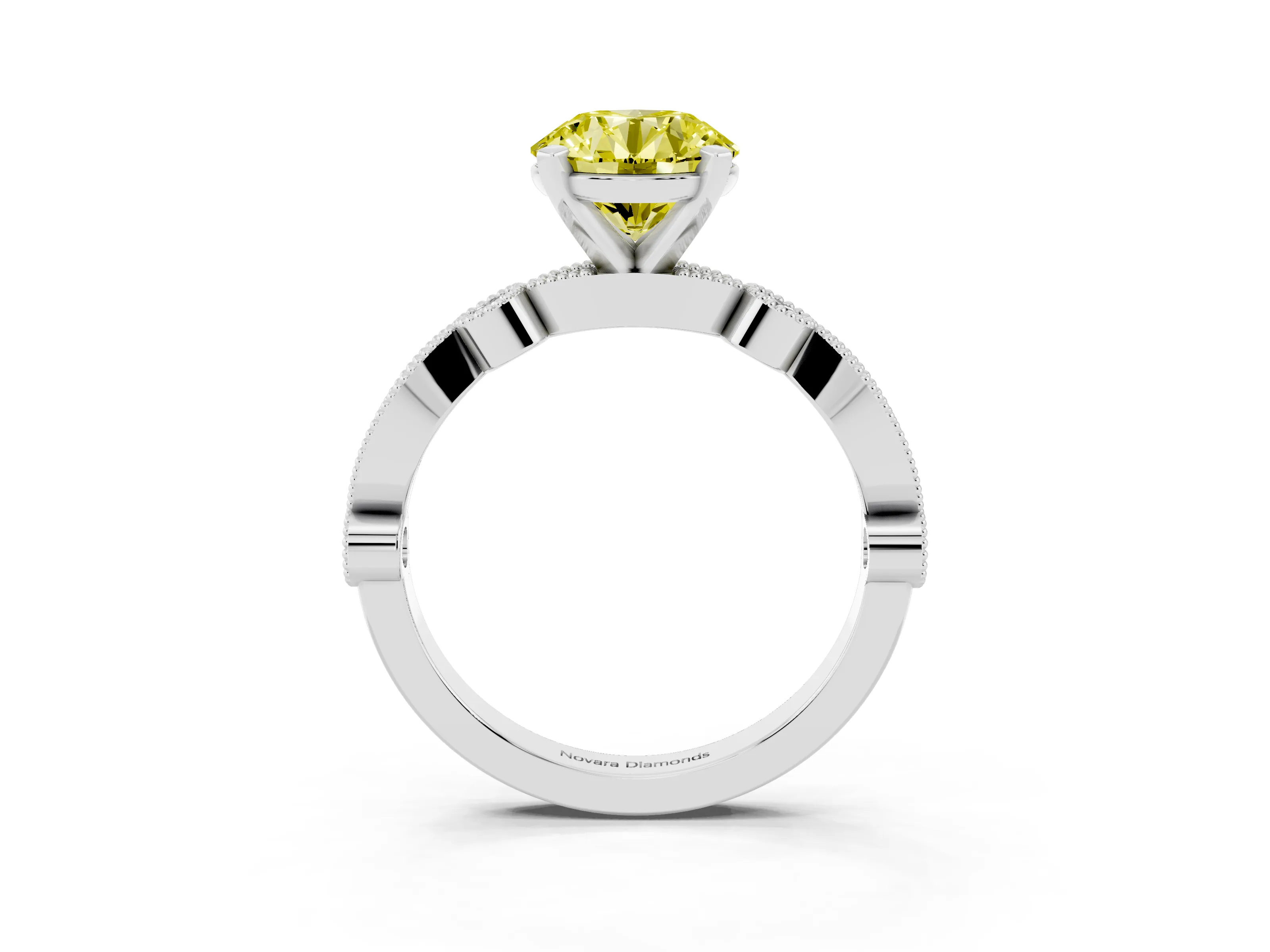 Fancy Yellow Round Cut Diamond Solitaire Engagement Ring Set in Silver with Milgrain Bezel Accent Band