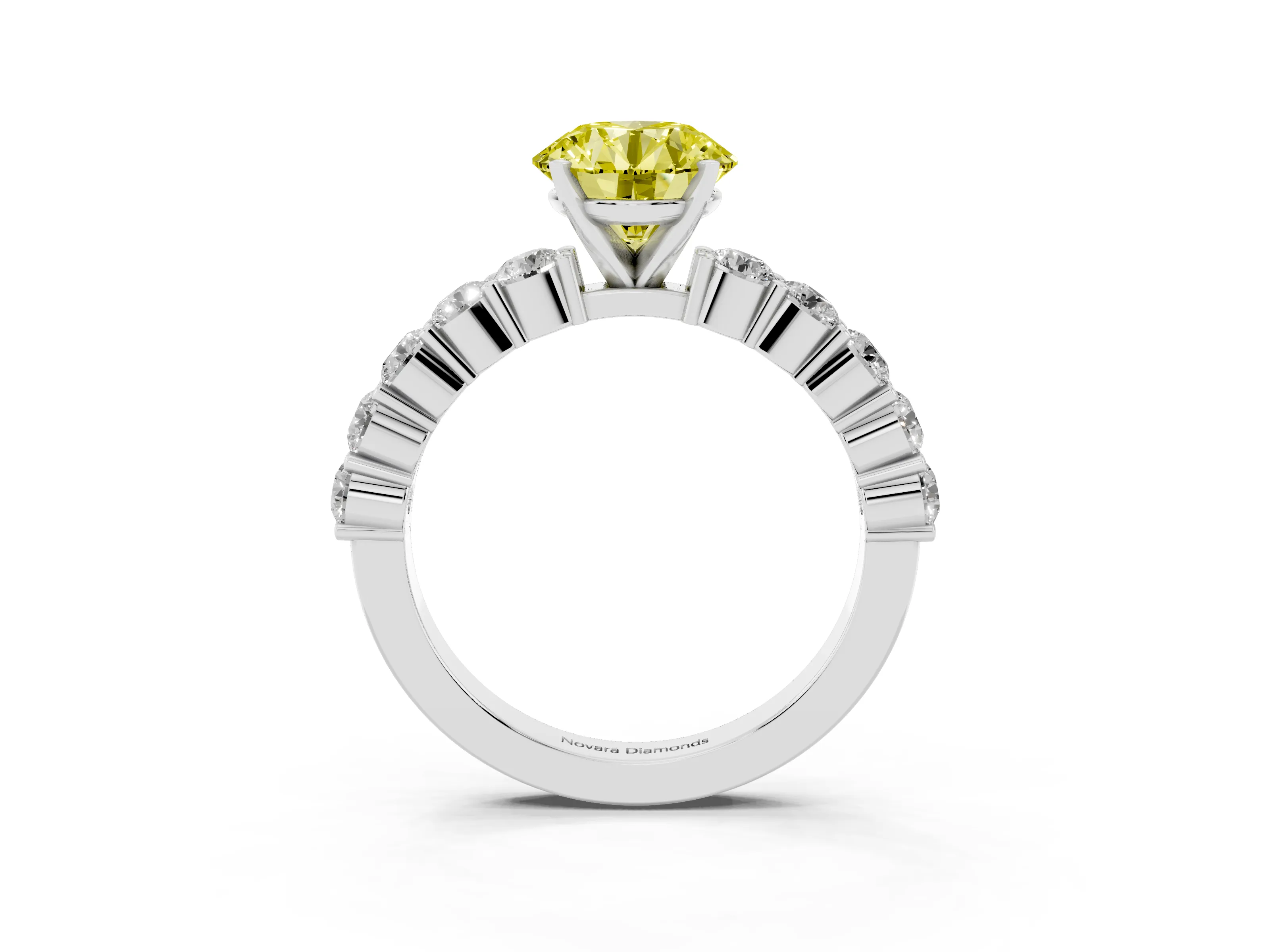 Fancy Yellow Round Cut Diamond Solitaire Ring Set in Platinum with Shared Prong Round Side Stones