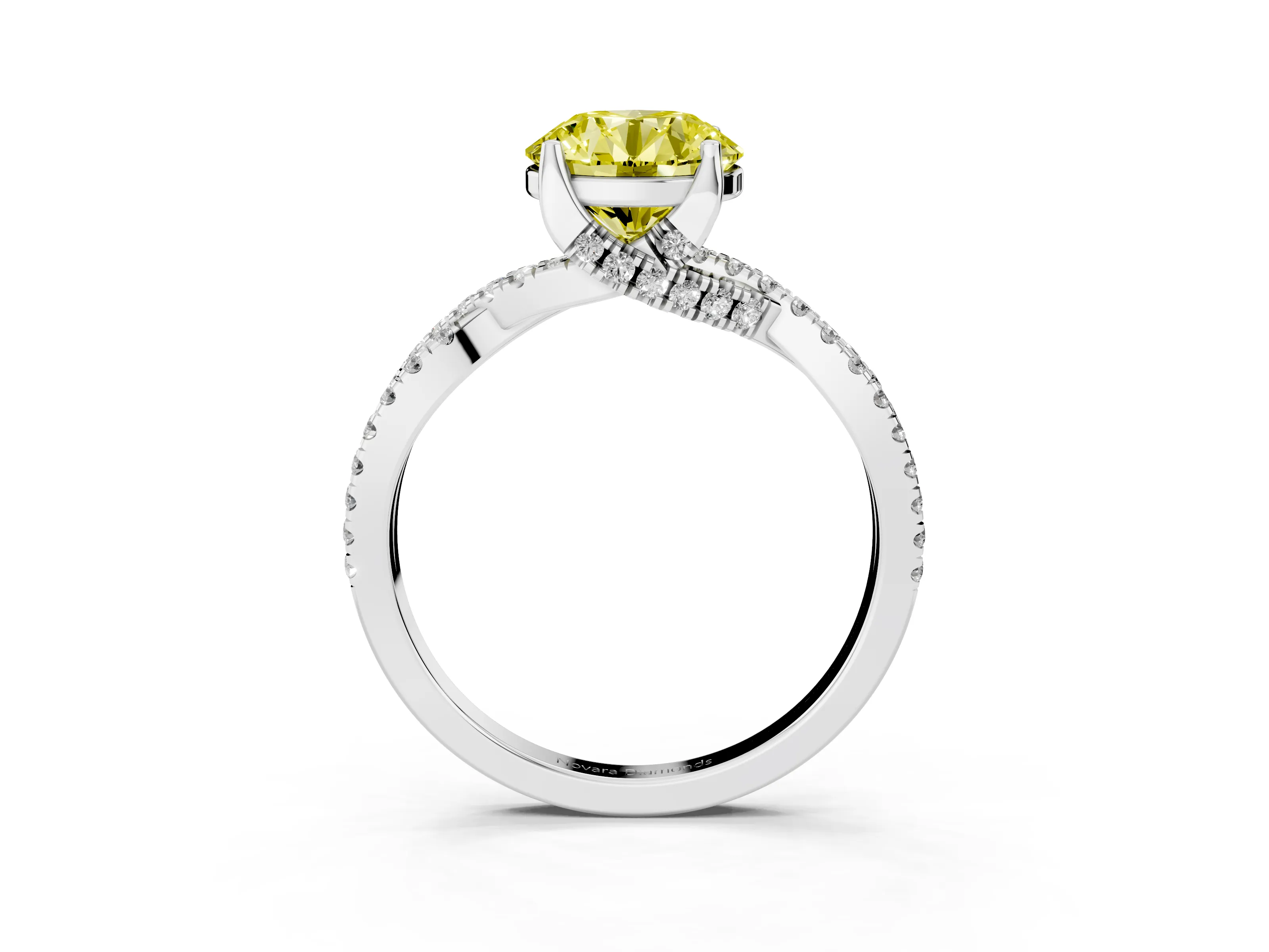 Fancy Yellow Round Cut Diamond Twist Pavé Solitaire Engagement Ring Set in Silver with Prong Setting
