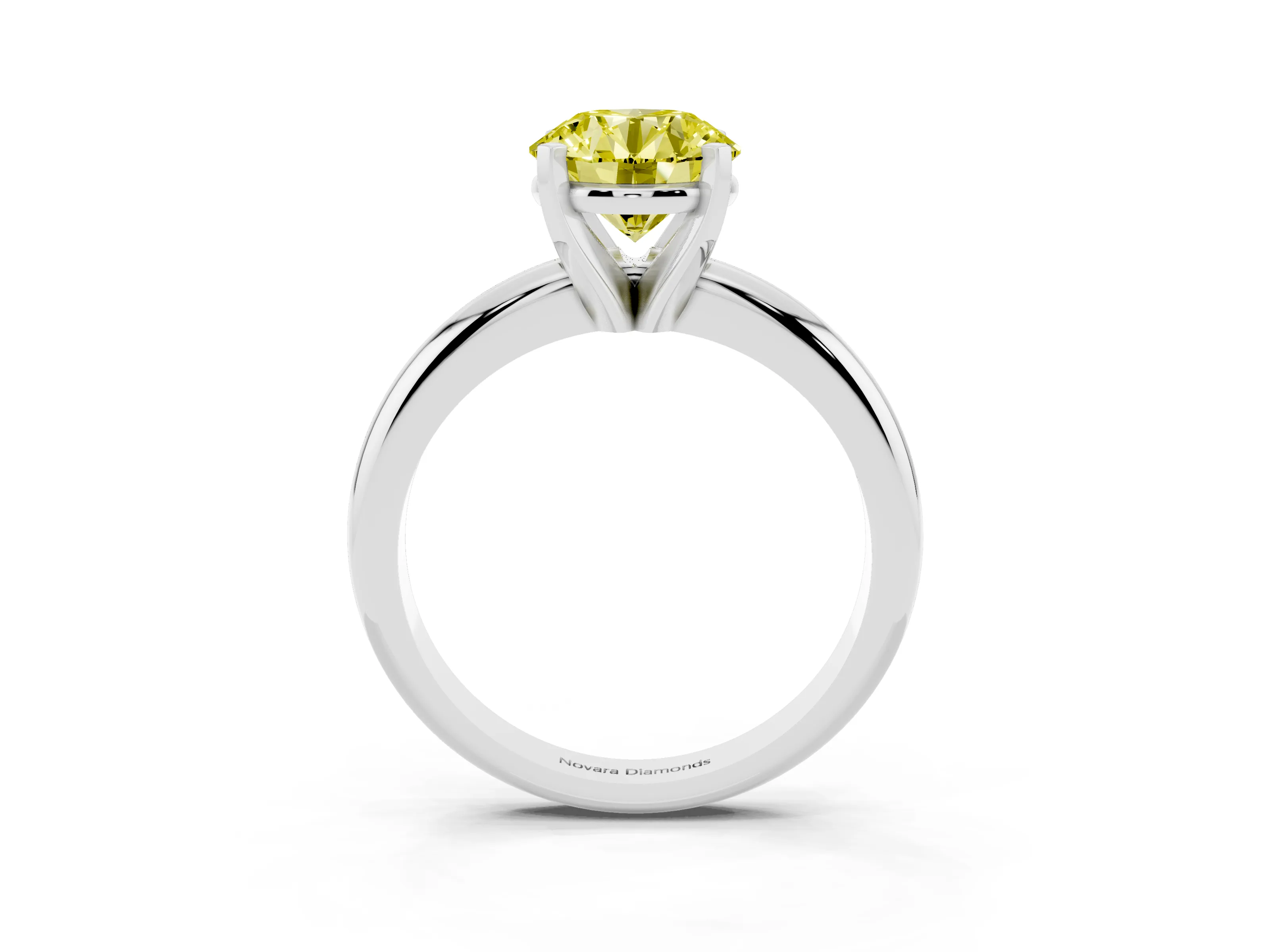 Fancy Yellow Round Cut Diamond Solitaire Engagement Ring Set in White gold with Round Band and Prong Setting
