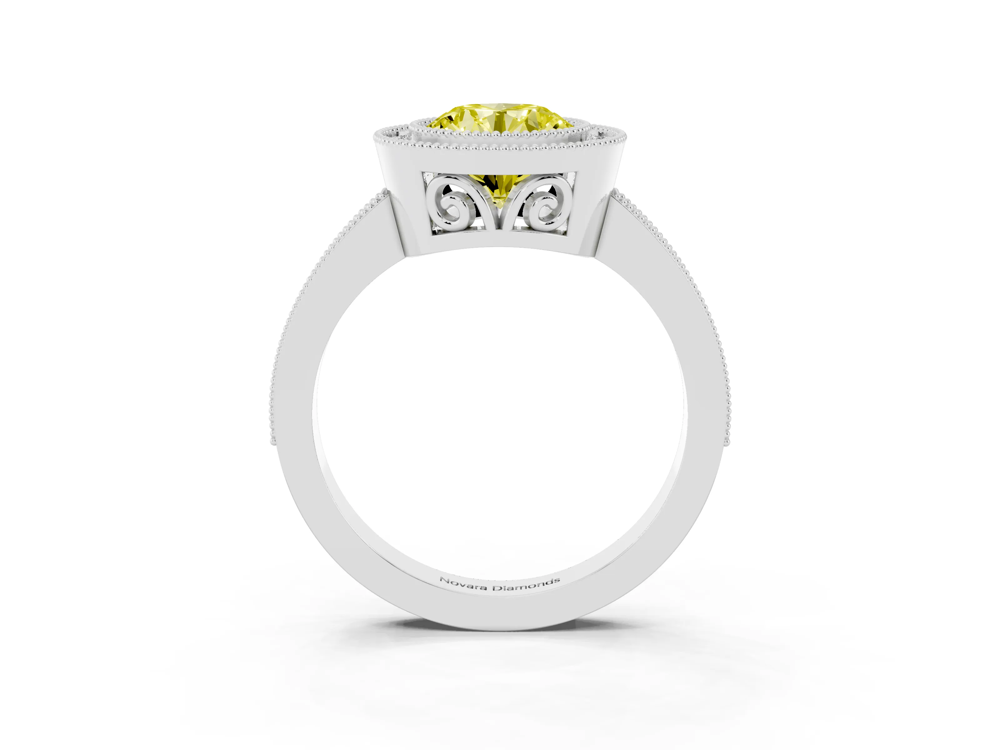 Fancy Yellow Round Cut Diamond Halo Ring Set in White gold with Pavé Band and Milgrain-Edged Prongs