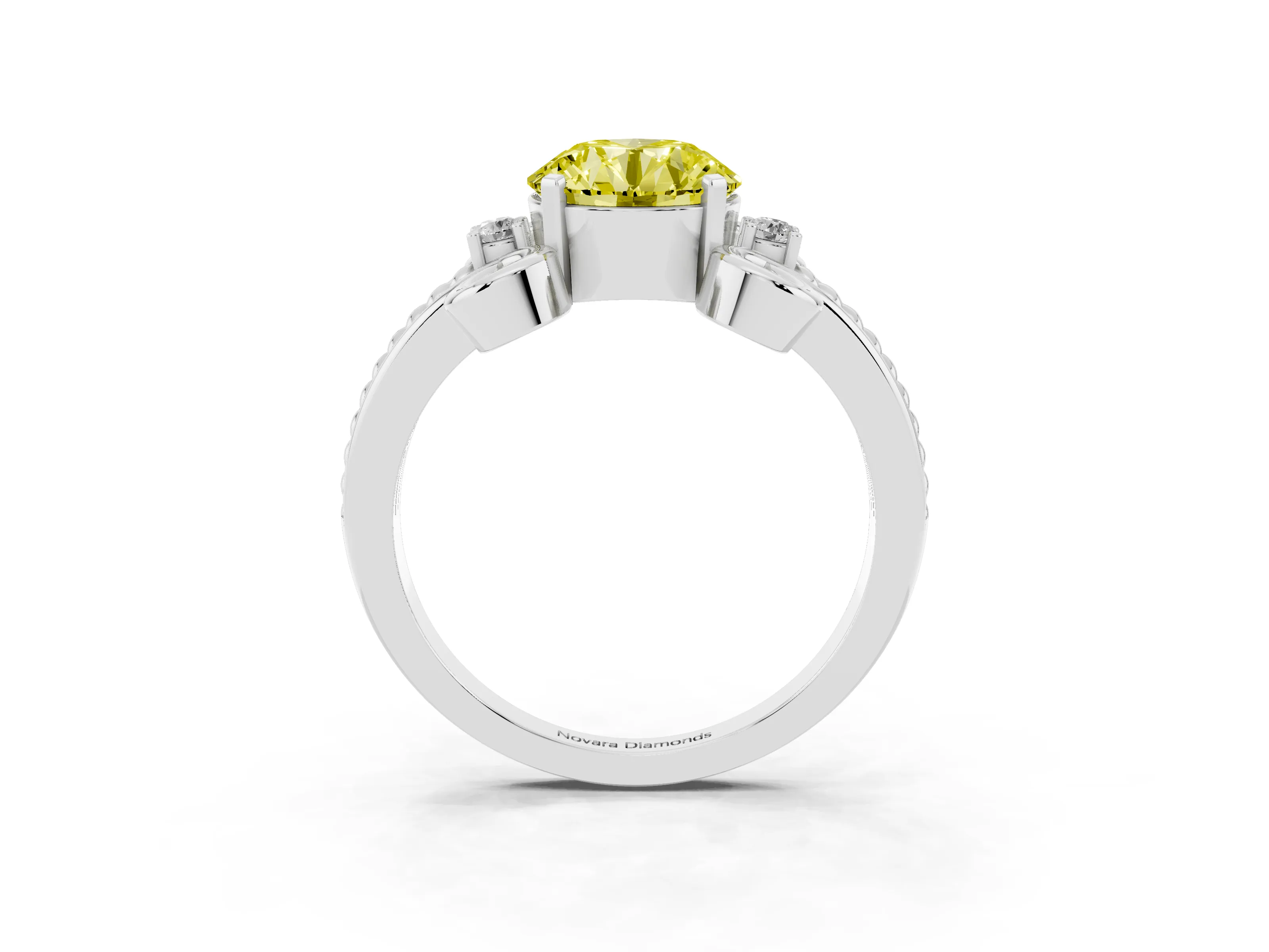 Fancy Yellow Round Cut Diamond Twisted Band Solitaire Ring Set in Platinum with Scroll Prongs