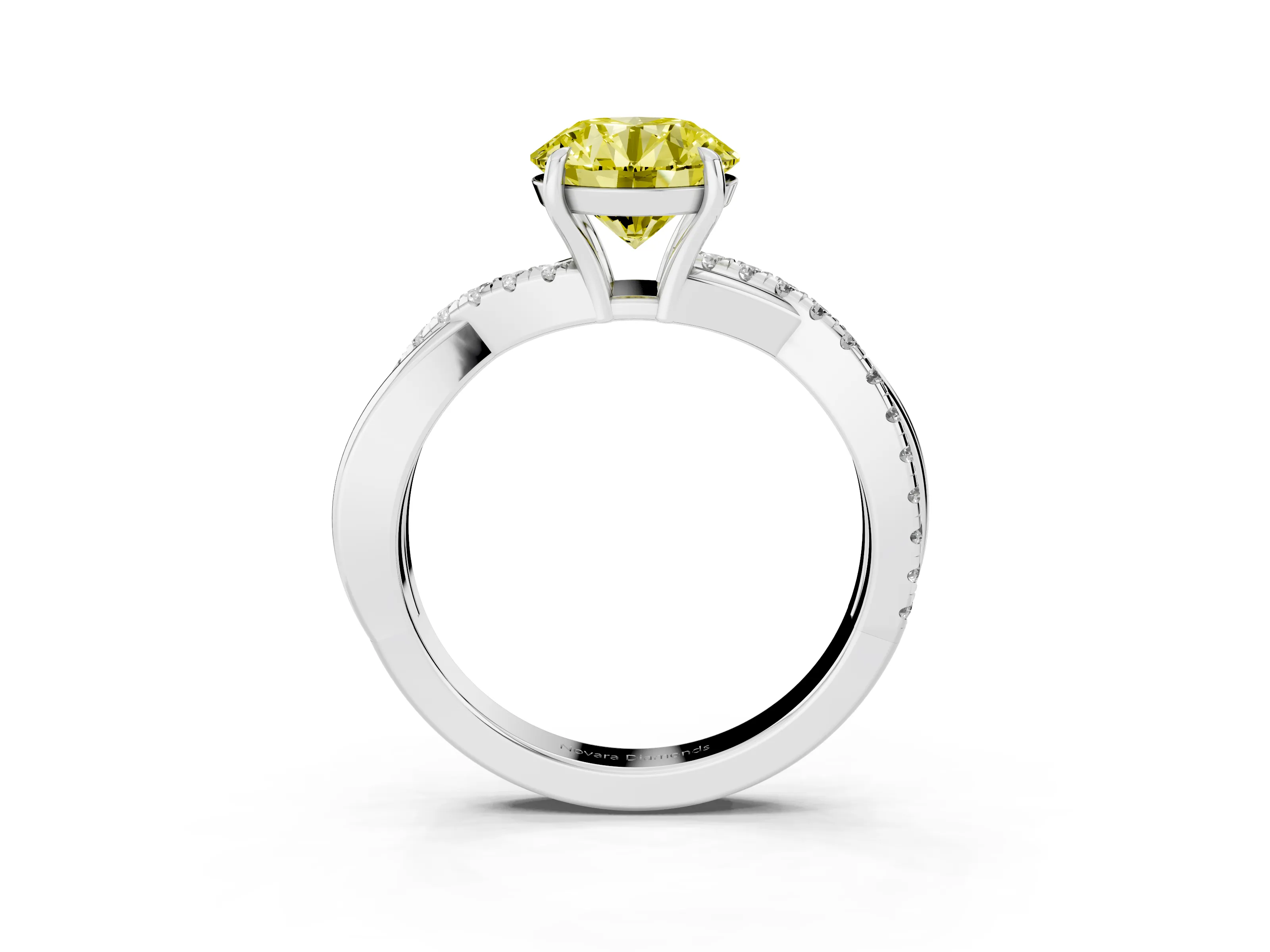 Fancy Yellow Round Cut Diamond Twisted Pavé Band Ring Set in Silver with Prong Setting
