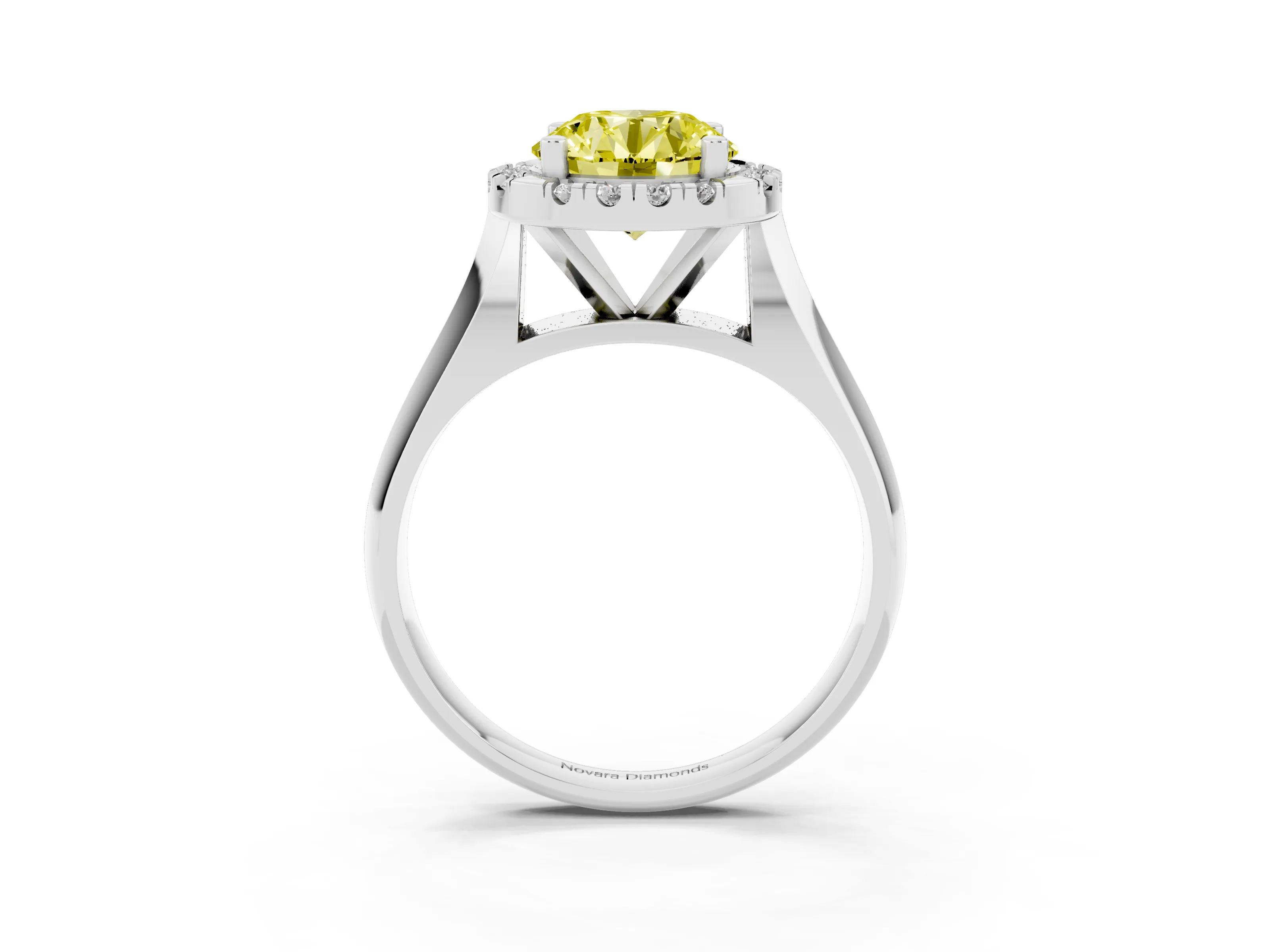 Fancy Yellow Round Cut Diamond Halo Solitaire Engagement Ring Set in Platinum with Square Band and Prong Setting