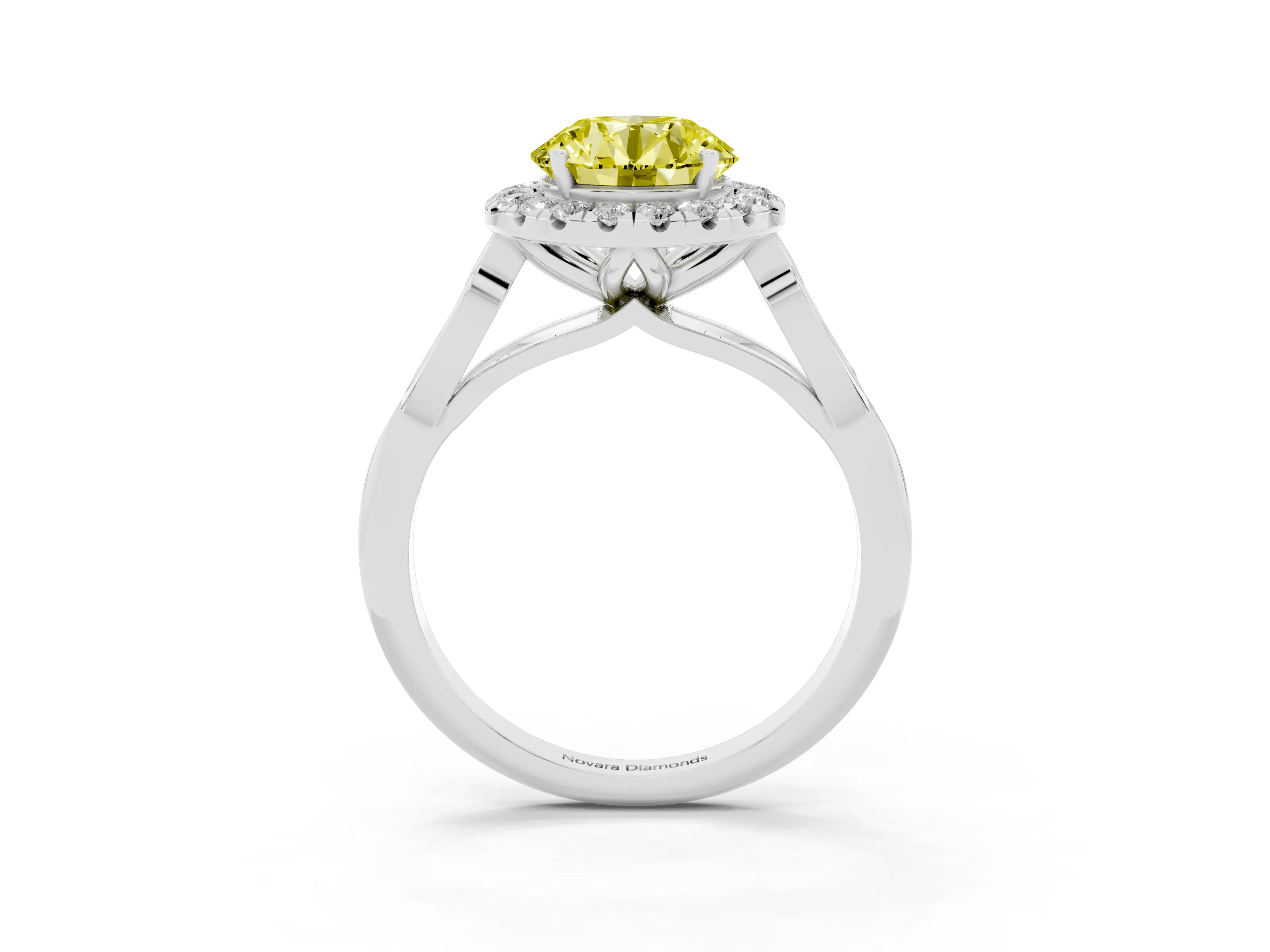 Fancy Yellow Round Cut Diamond Halo Engagement Ring Set in White gold with Filigree Band and Prong-Set Center