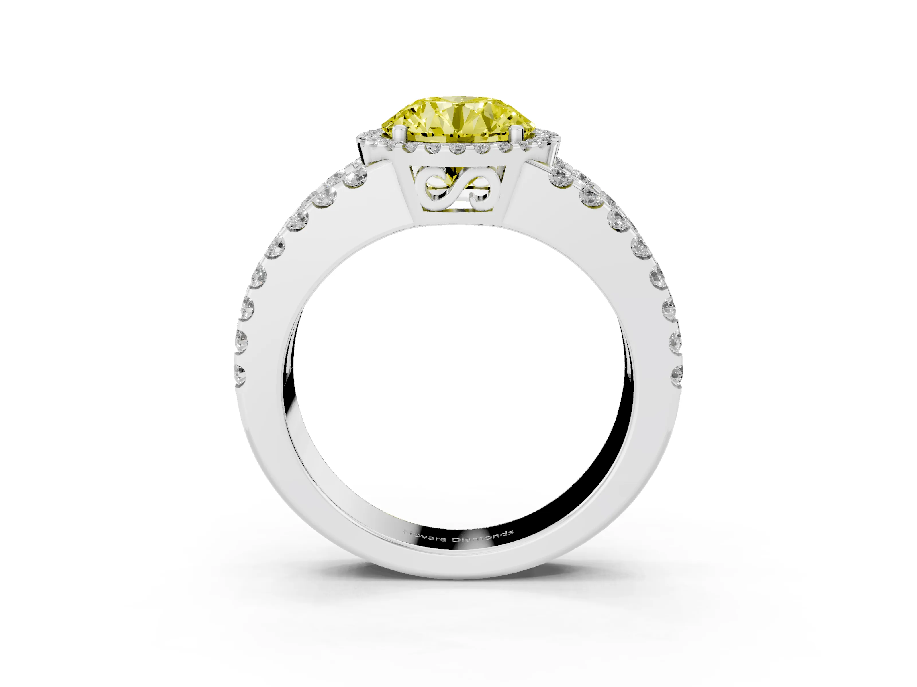 Fancy Yellow Round Cut Diamond Halo Ring Set in Platinum with Pavé Split Shank and Prong Setting