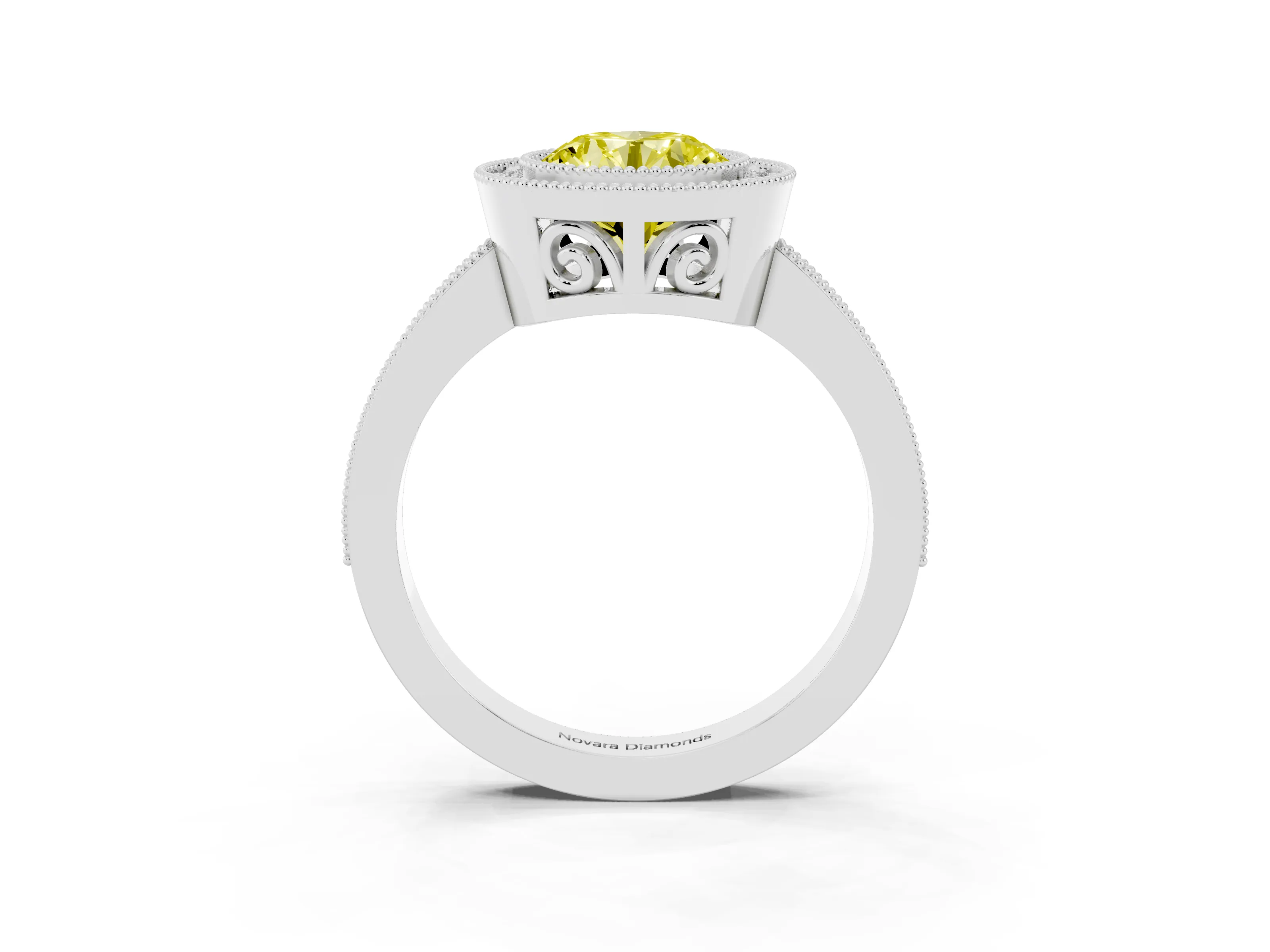 Fancy Yellow Round Cut Diamond Round Halo Ring Set in White gold with Pavé Band