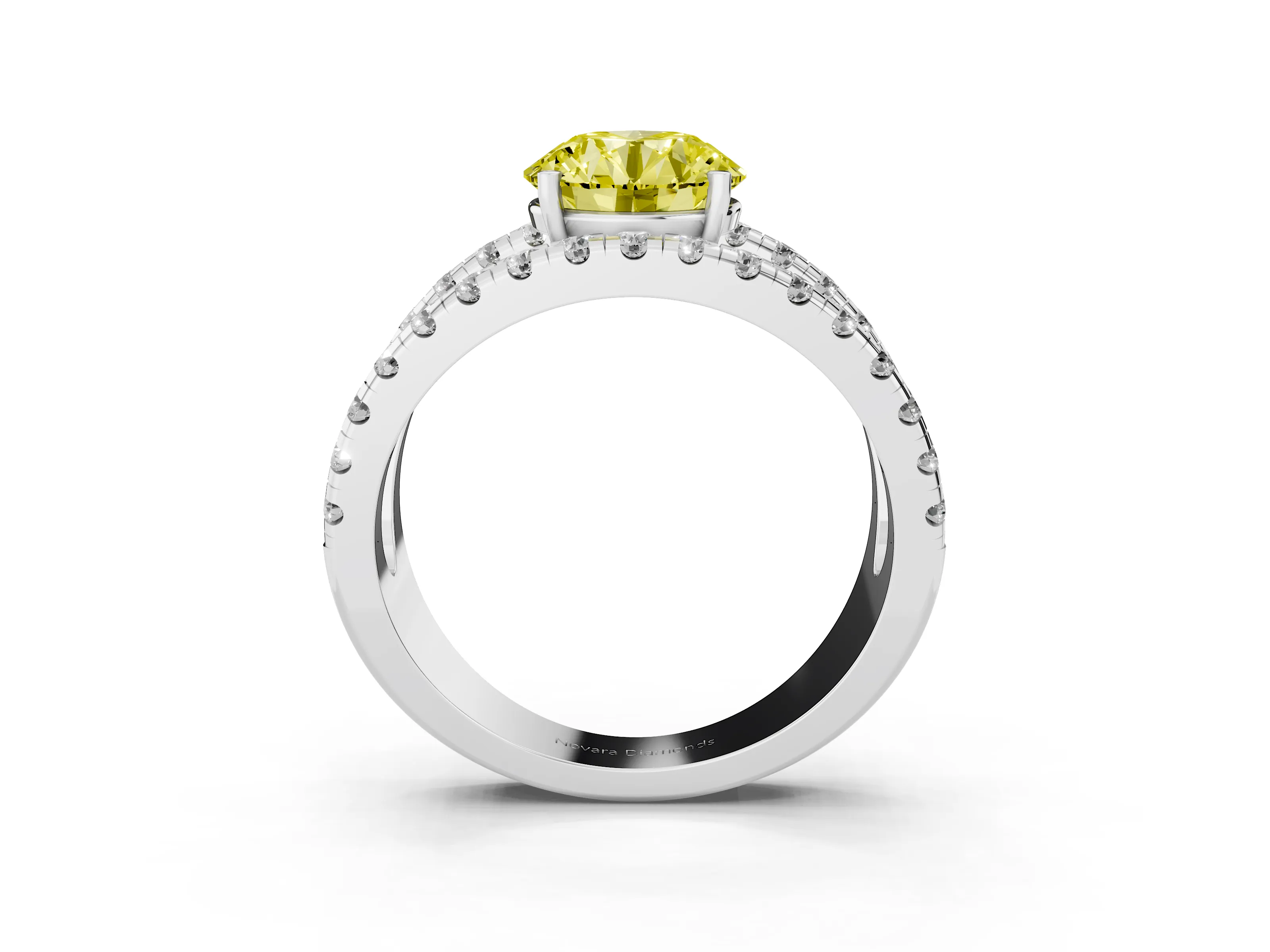 Fancy Yellow Round Cut Diamond Split Shank Pavé Solitaire Ring Set in White gold with Open Shank Design