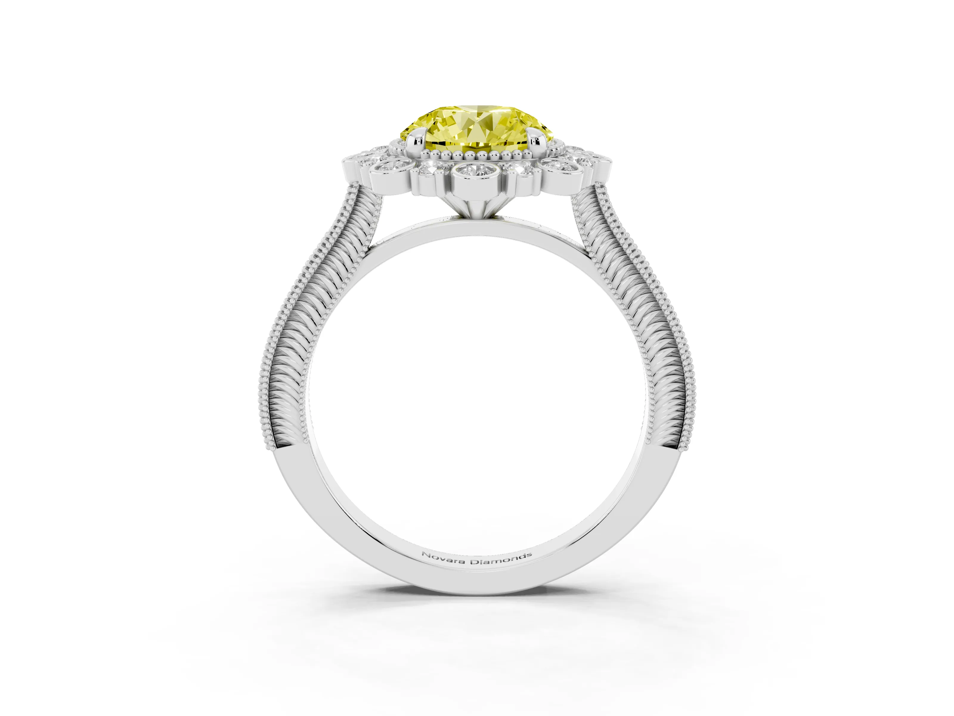 Fancy Yellow Round Cut Diamond Halo Milgrain Pavé Ring Set in White gold with Prong Setting