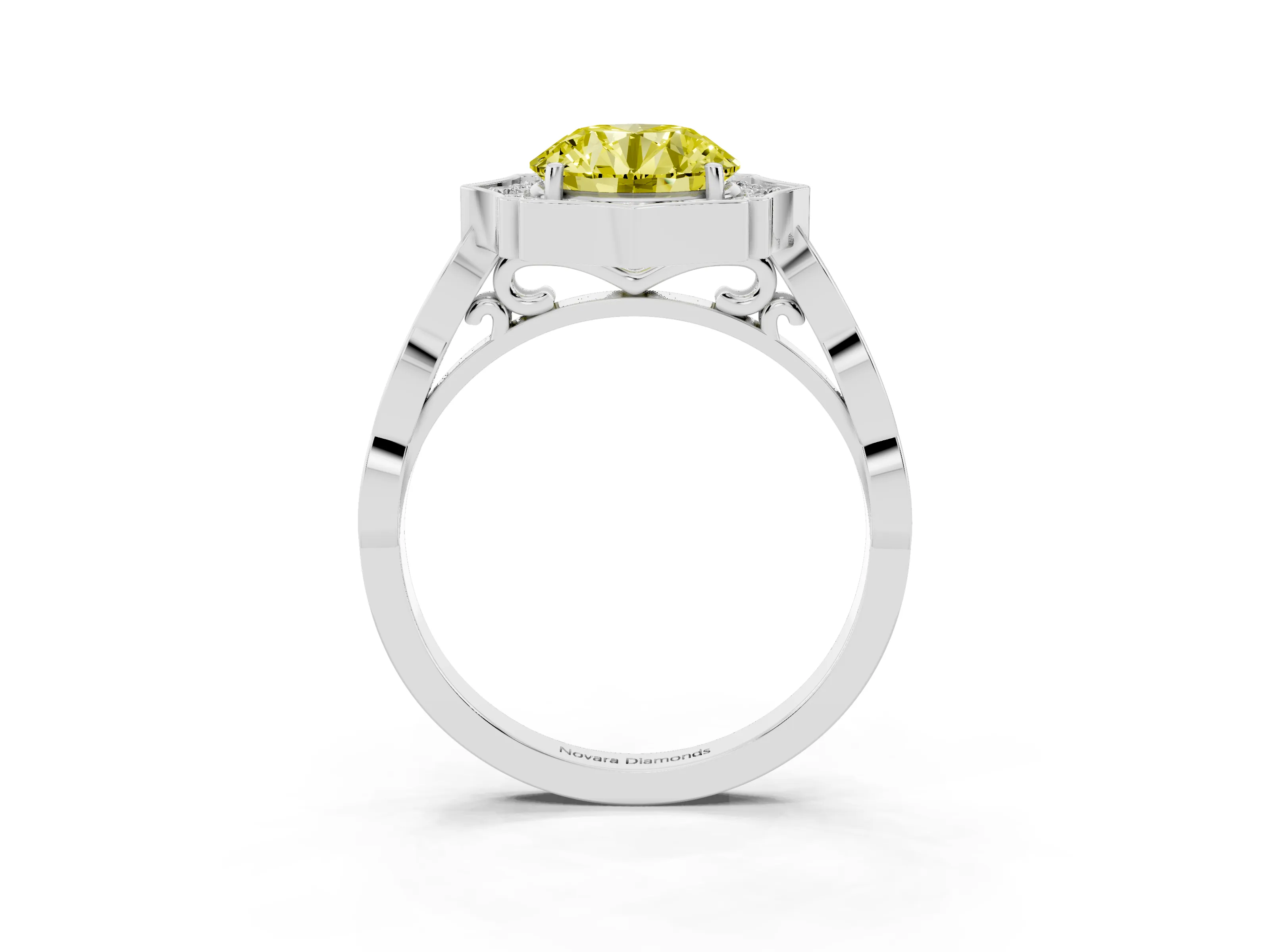 Fancy Yellow Round Cut Diamond Halo Engagement Ring Set in White gold with Milgrain Band and Prong Setting