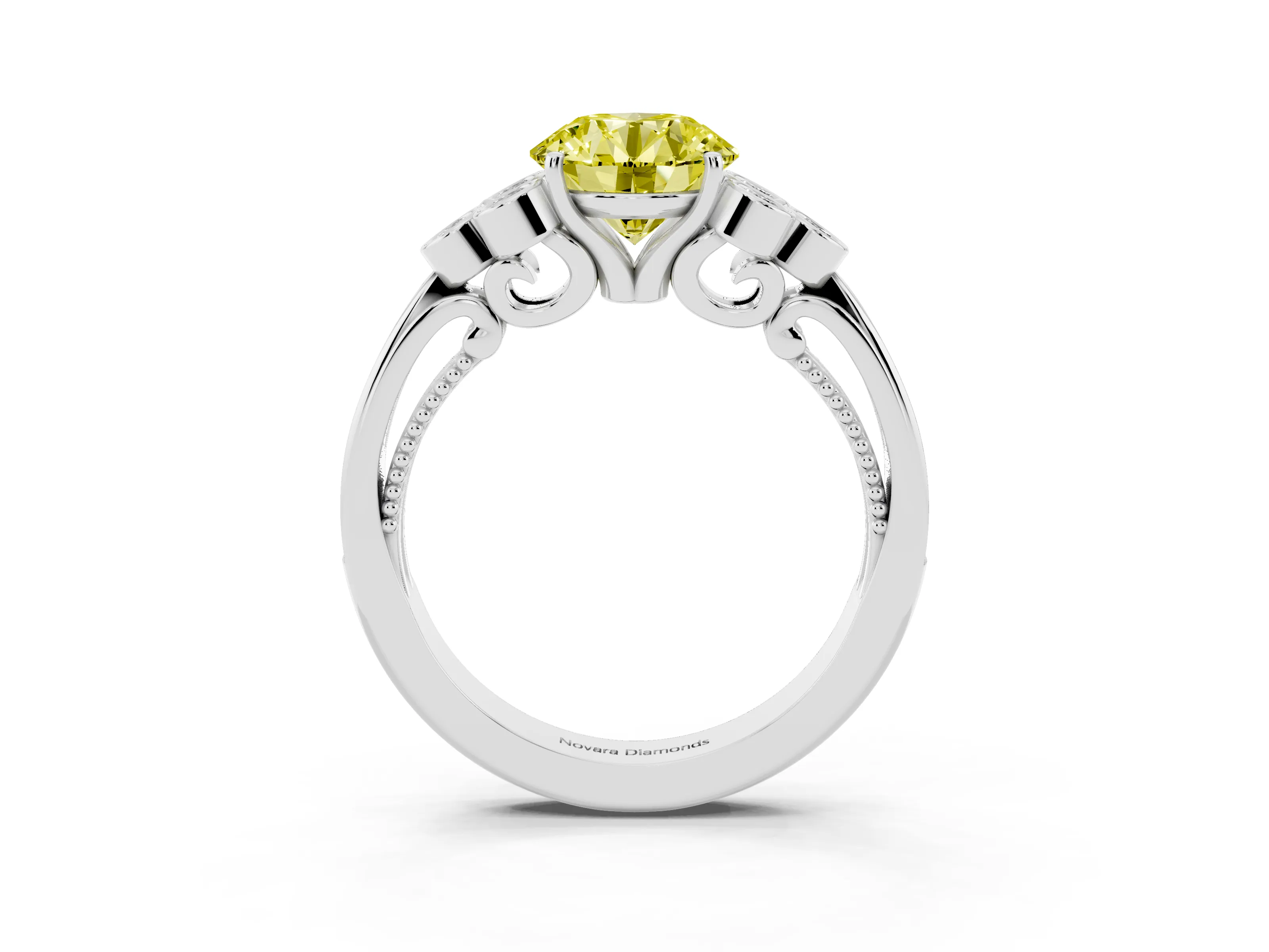Fancy Yellow Round Cut Diamond Engagement Ring Set in White gold with Bezel Set Round Side Stones and Prong Setting