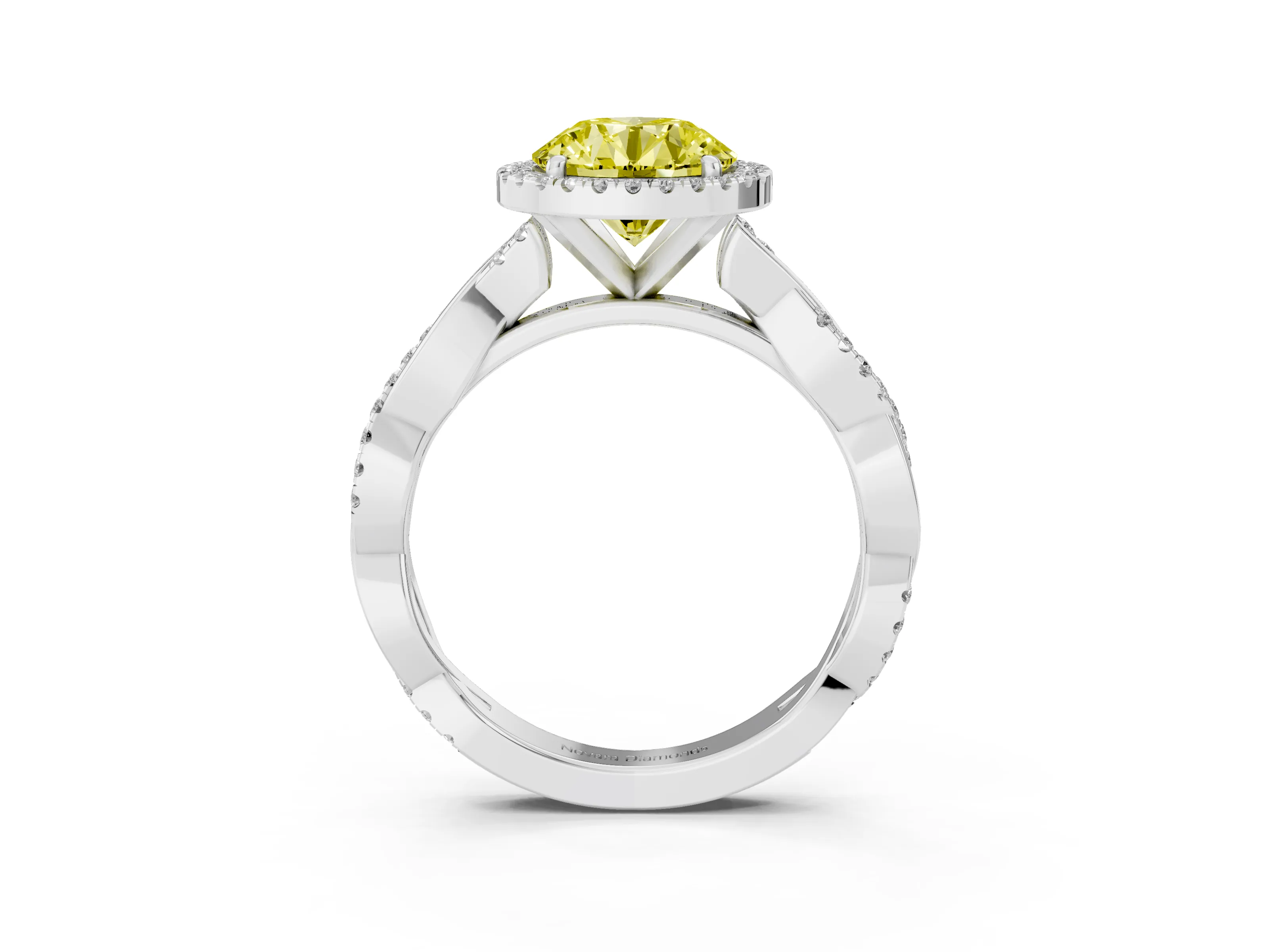 Fancy Yellow Round Cut Diamond Halo Twisted Band Ring Set in Silver with Prong Setting