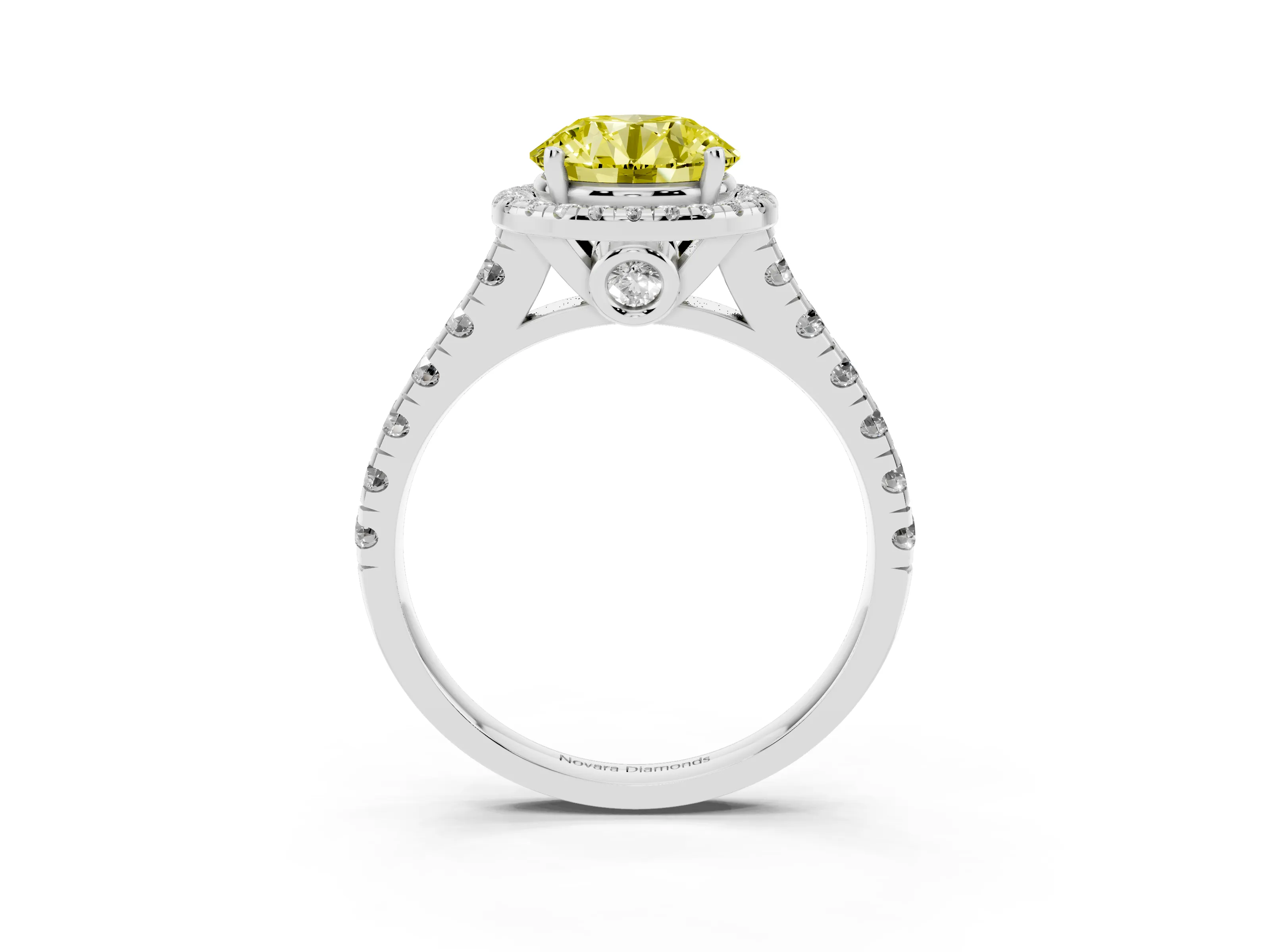 Fancy Yellow Round Cut Diamond Halo Engagement Ring Set in Platinum with Pavé Band and Prong-Set Center