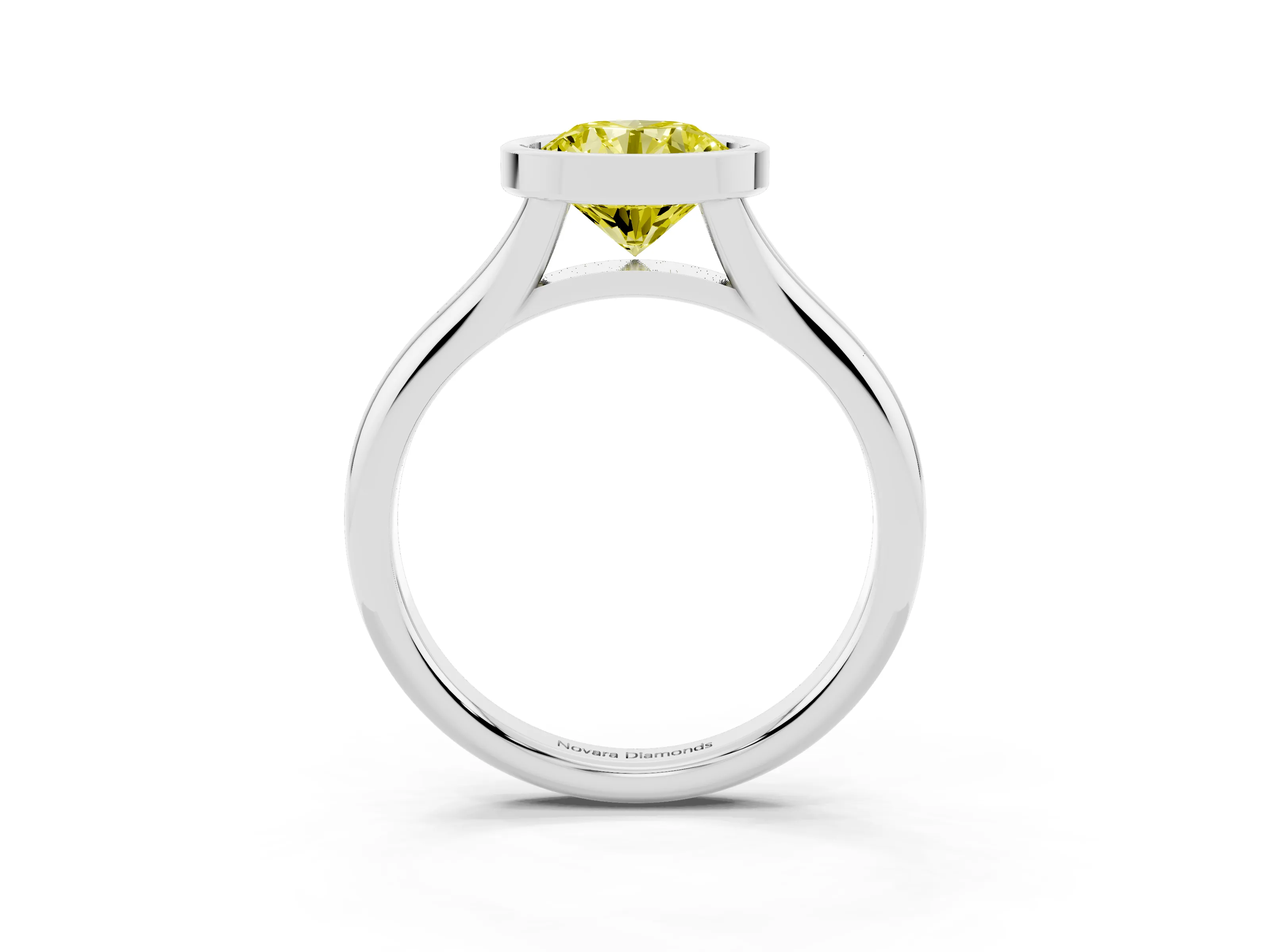 Fancy Yellow Bezel Set Round Cut Diamond Solitaire Ring Set in White gold with Smooth Band