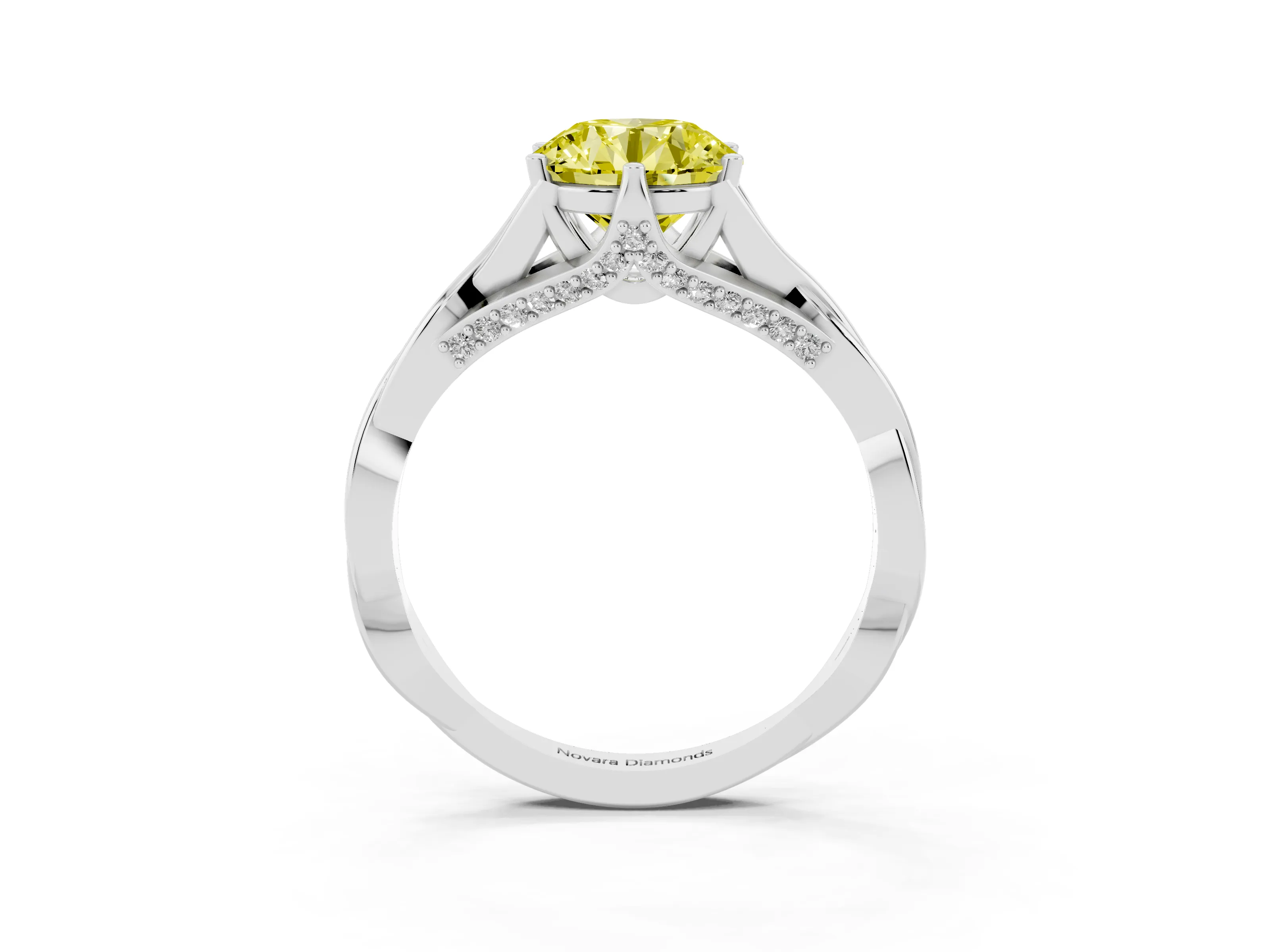 Fancy Yellow Round Cut Diamond Intertwined Twist Band Solitaire Ring Set in White gold with Prong Setting