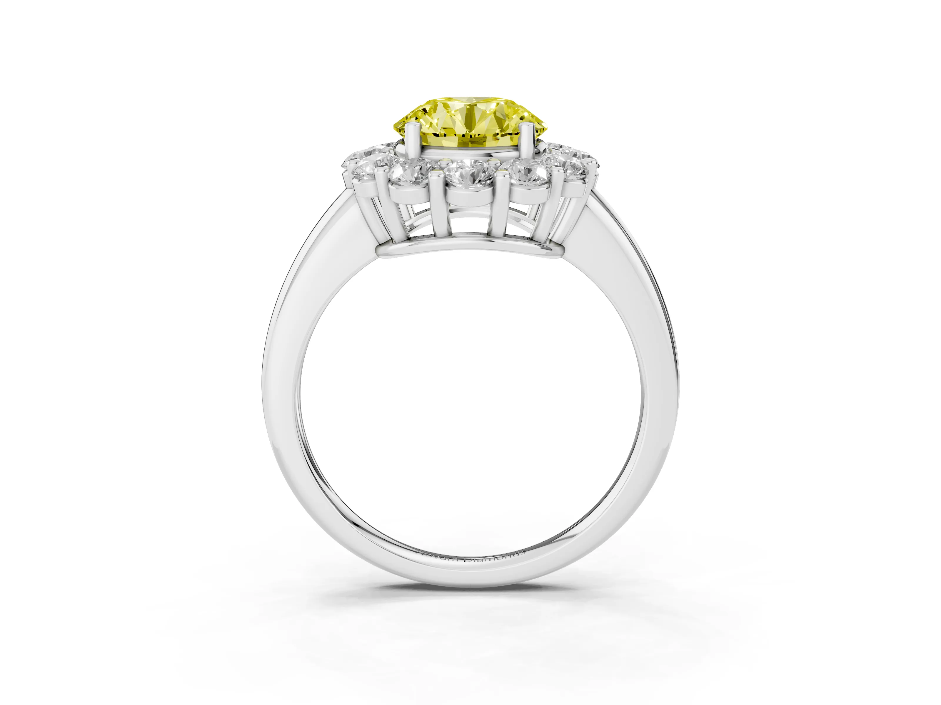 Fancy Yellow Round Cut Diamond Halo Cluster Engagement Ring Set in White gold with Polished Band and Prong Setting