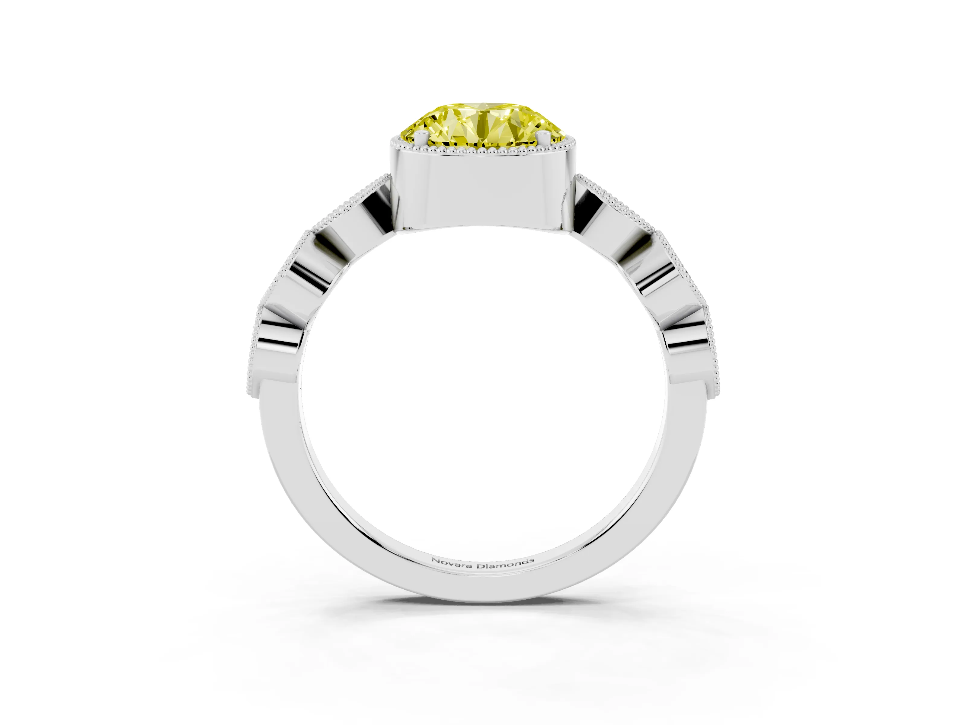 Fancy Yellow Round Cut Diamond Vintage-Inspired Milgrain Ring Set in Platinum with Marquise Stations of Round Accents