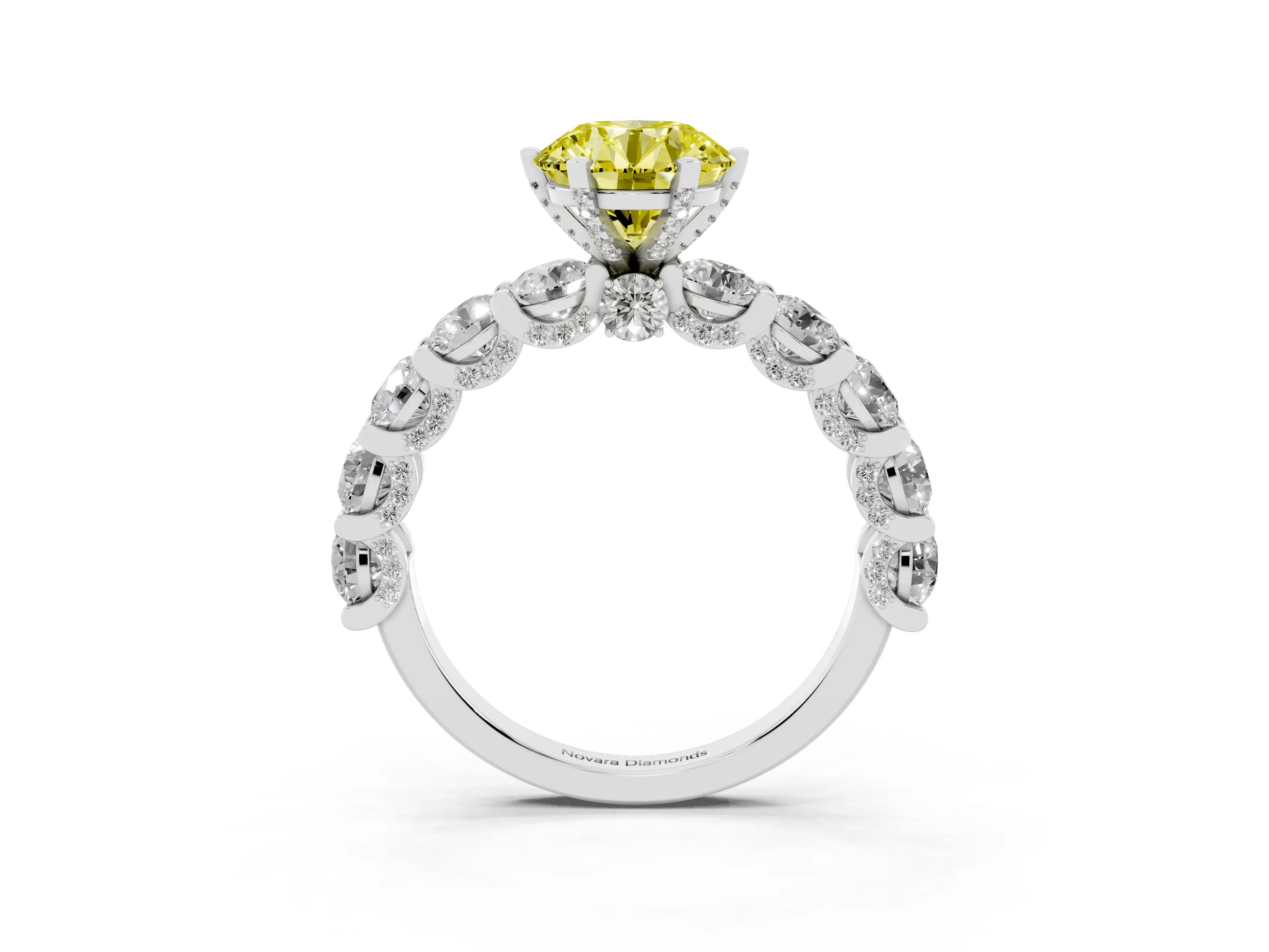 Fancy Yellow Round Cut Diamond Side Stone Ring Set in Platinum with Alternating Round and Oval Side Stones