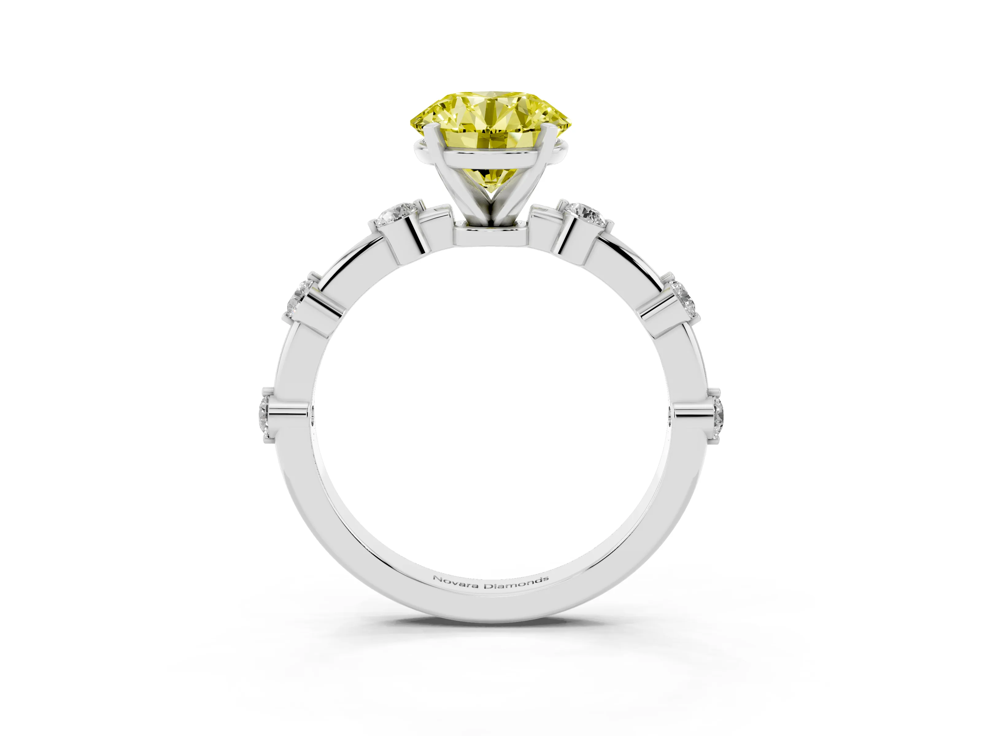 Fancy Yellow Round Cut Diamond Solitaire Ring Set in Platinum with Bezel Set Side Stones and Prong Setting