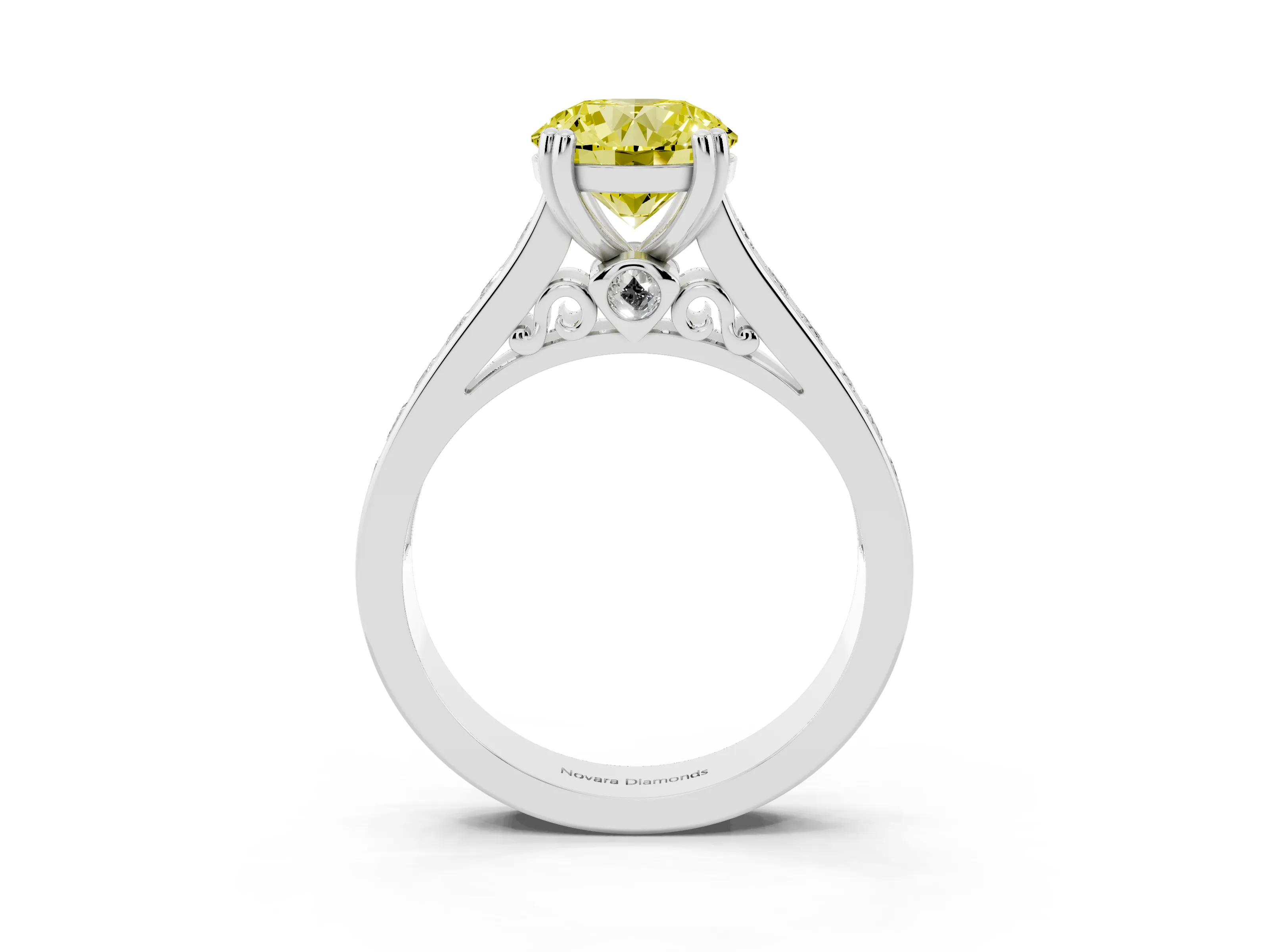 Fancy Yellow Round Cut Diamond Channel Set Solitaire Engagement Ring Set in Platinum with Prong Setting