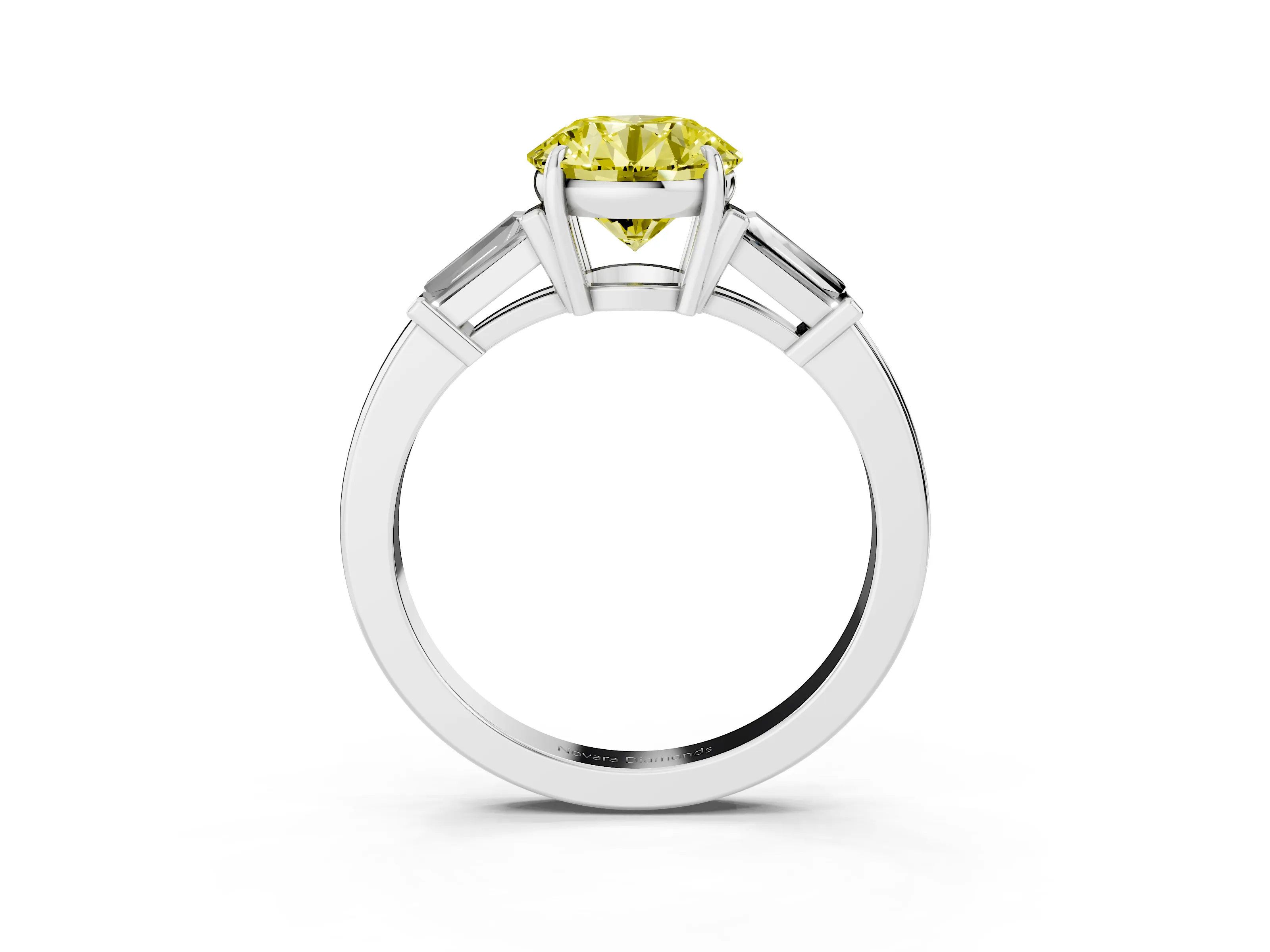 Fancy Yellow Round Cut Diamond Three-Stone Ring Set in White gold with Tapered Baguette Side Stones and Prong Setting